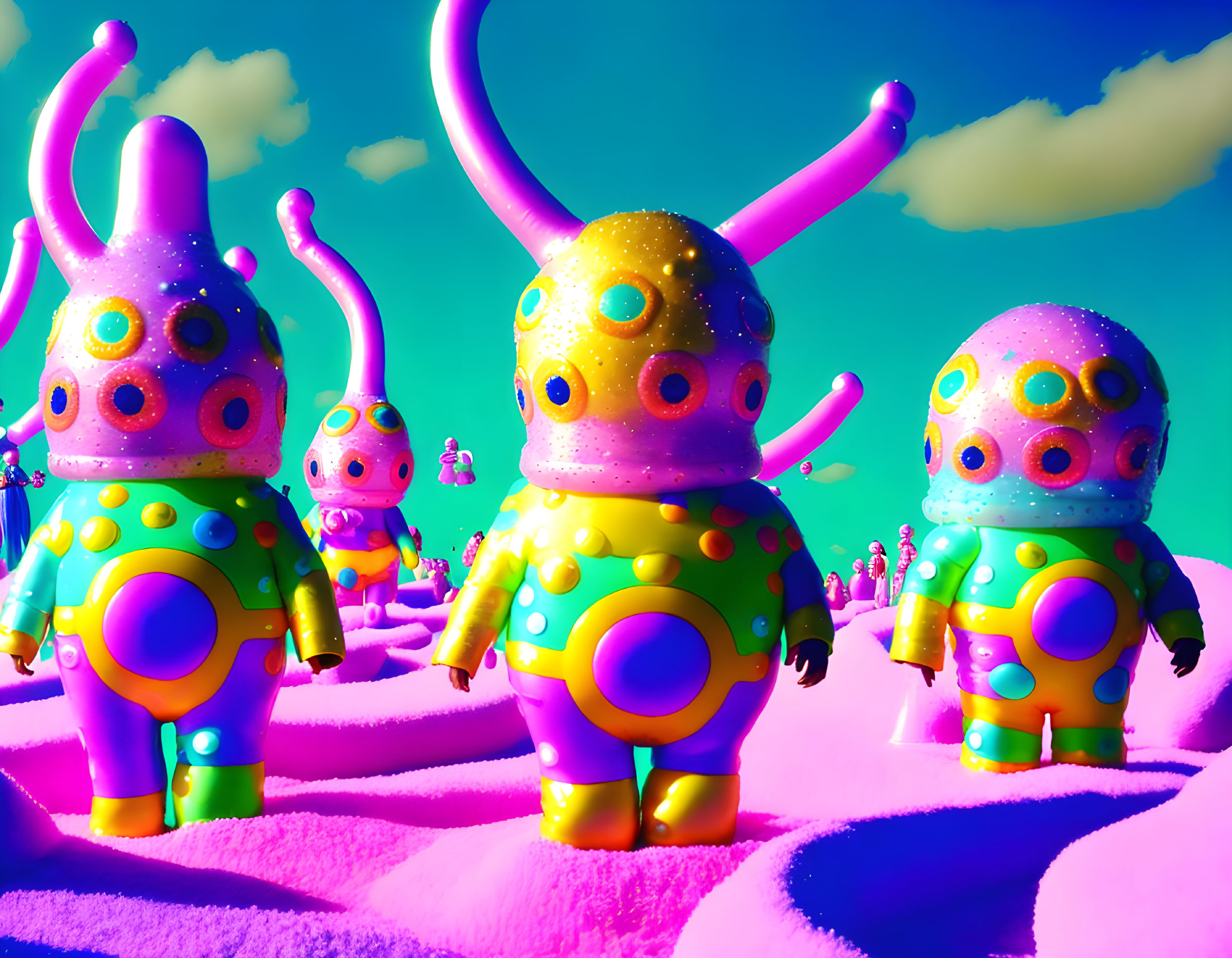 Vibrant alien-like figures on pink landscape under blue sky