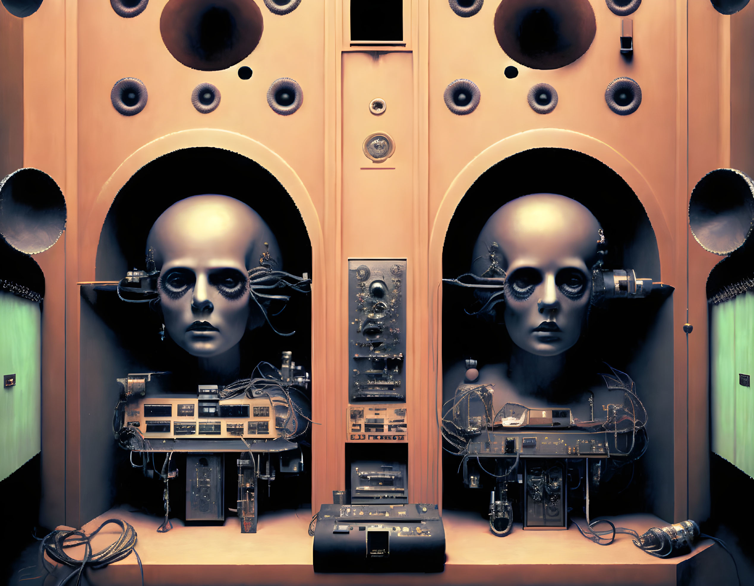 Vintage Audio Equipment with Robotic Heads and Circular Speakers