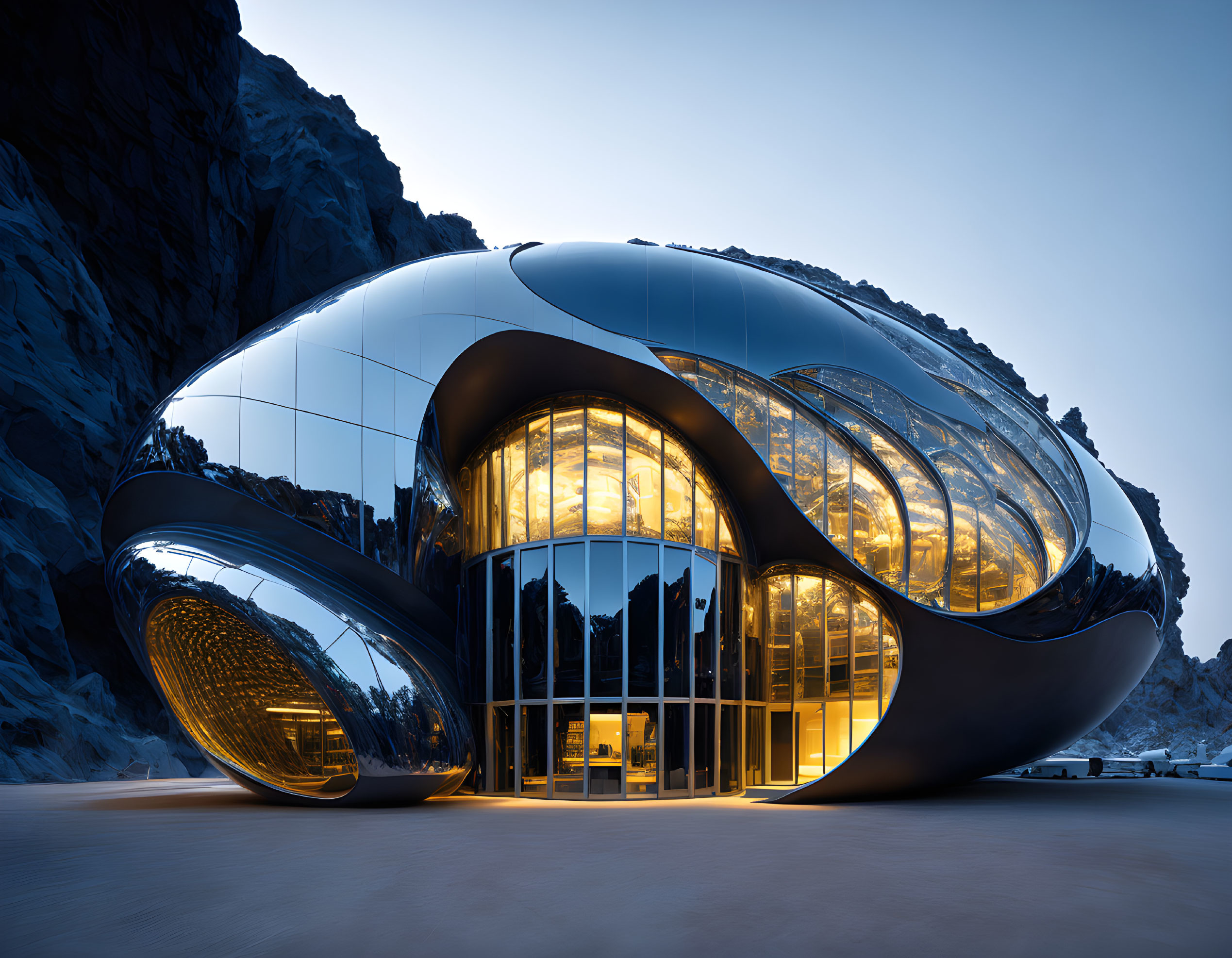 Futuristic black building with organic shapes, illuminated windows, twilight sky, rocky backdrop