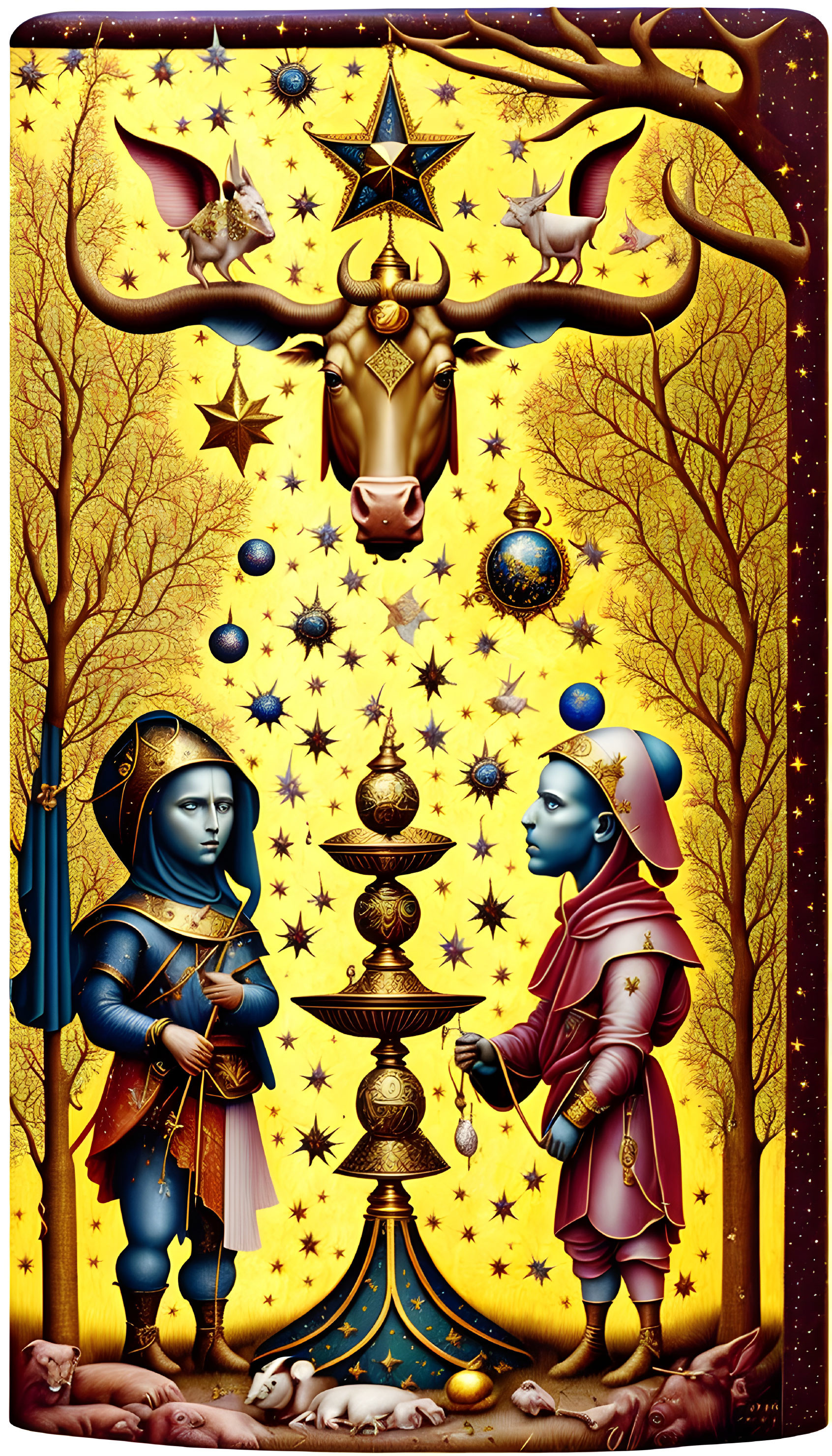 Surreal Artwork: Armored Figures, Golden Tree, Cosmic Symbols