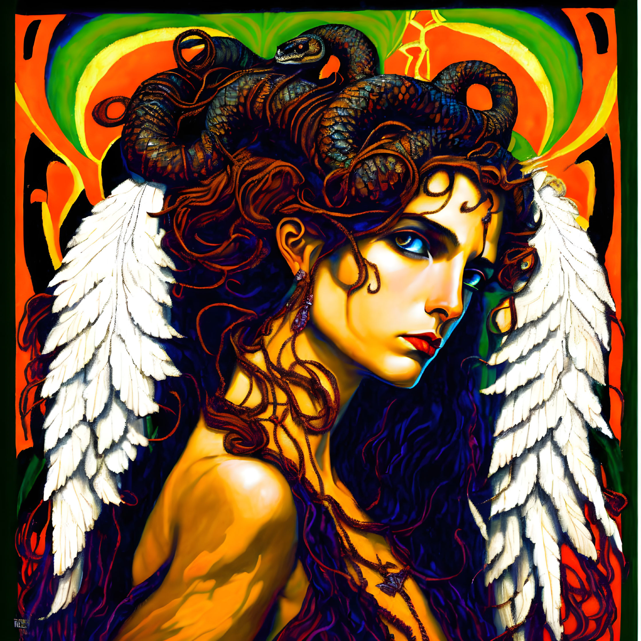 Colorful artwork: winged woman with curly hair and serpent against abstract background