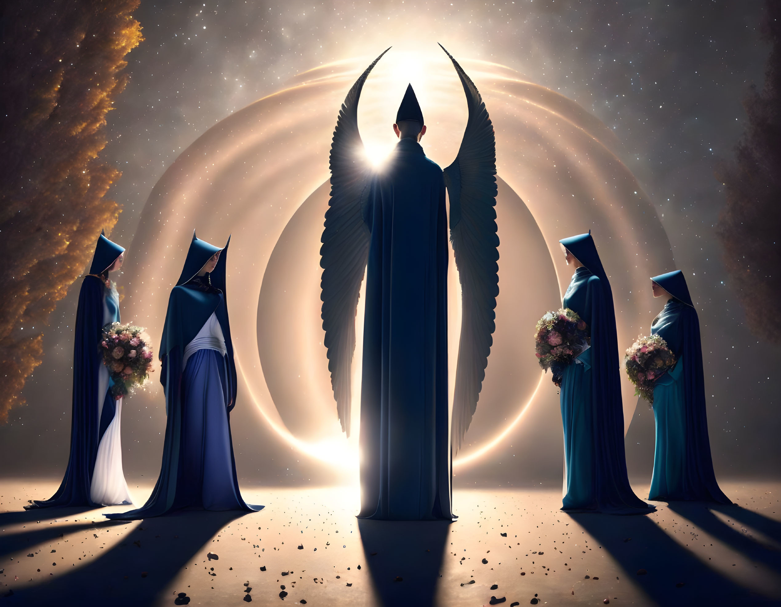 Mystical winged figure surrounded by robed individuals in cosmic setting