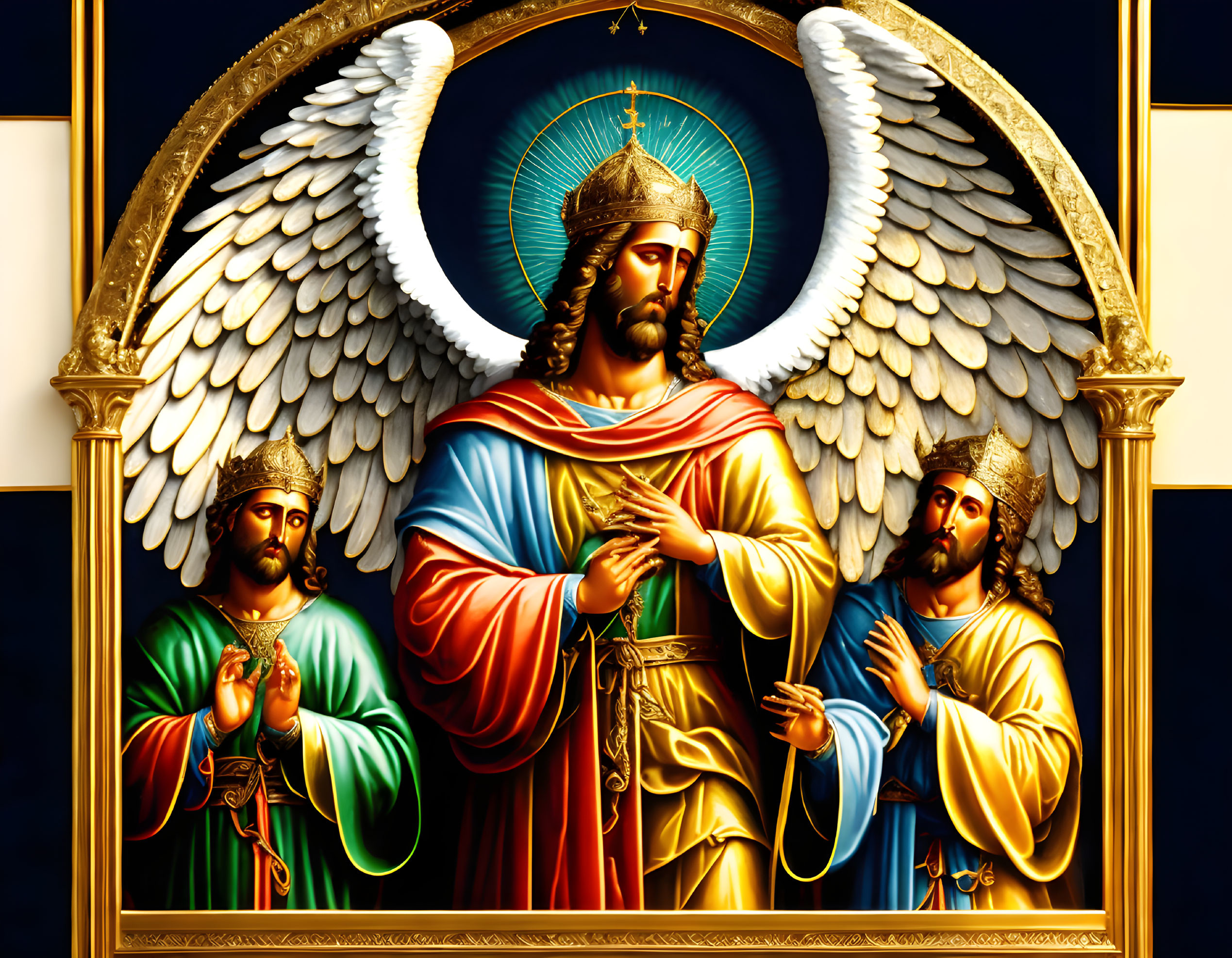 Religious iconography with three haloed figures and angelic wings in golden frame