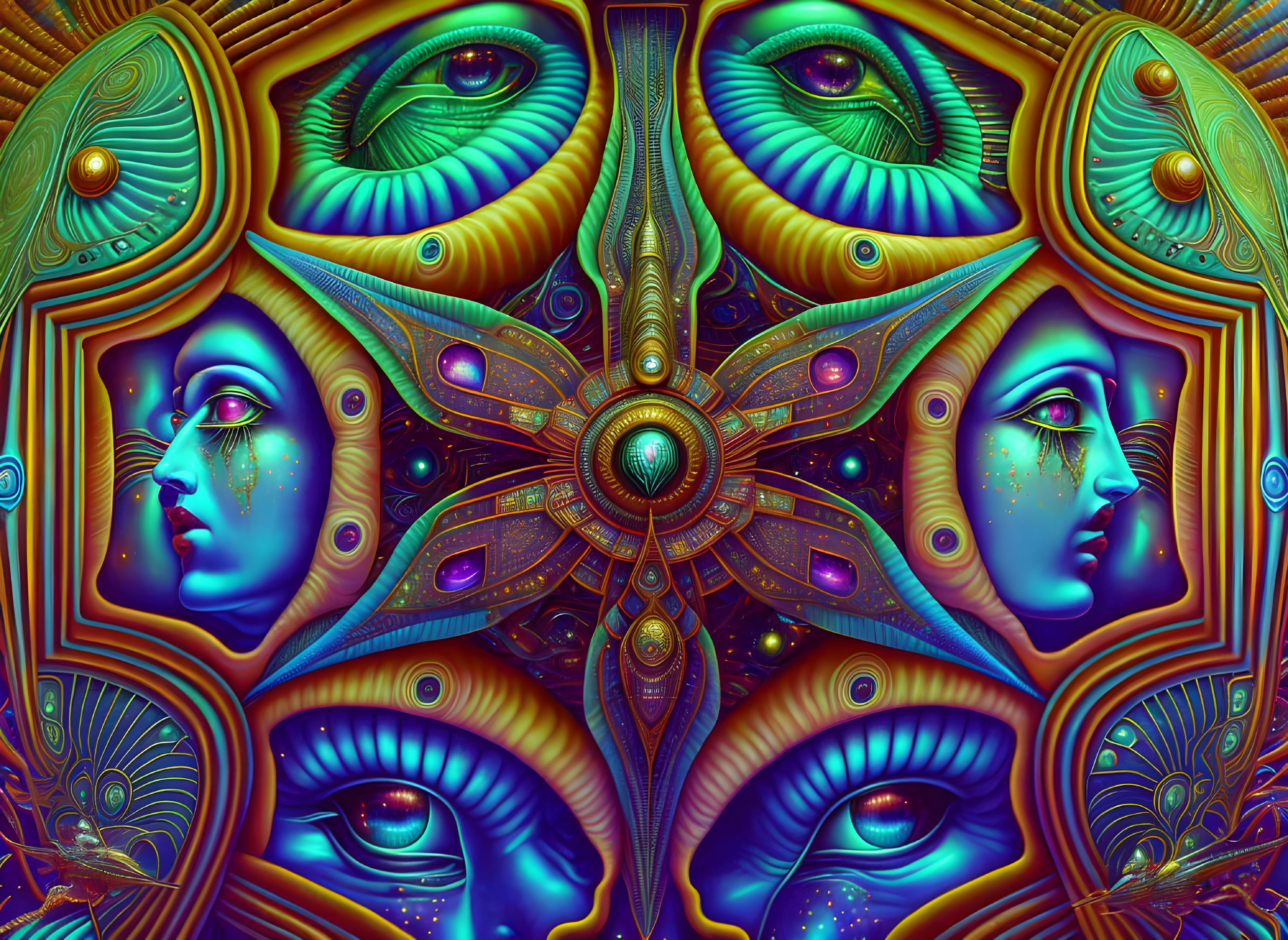 Psychedelic image with kaleidoscopic eyes and blue faces.