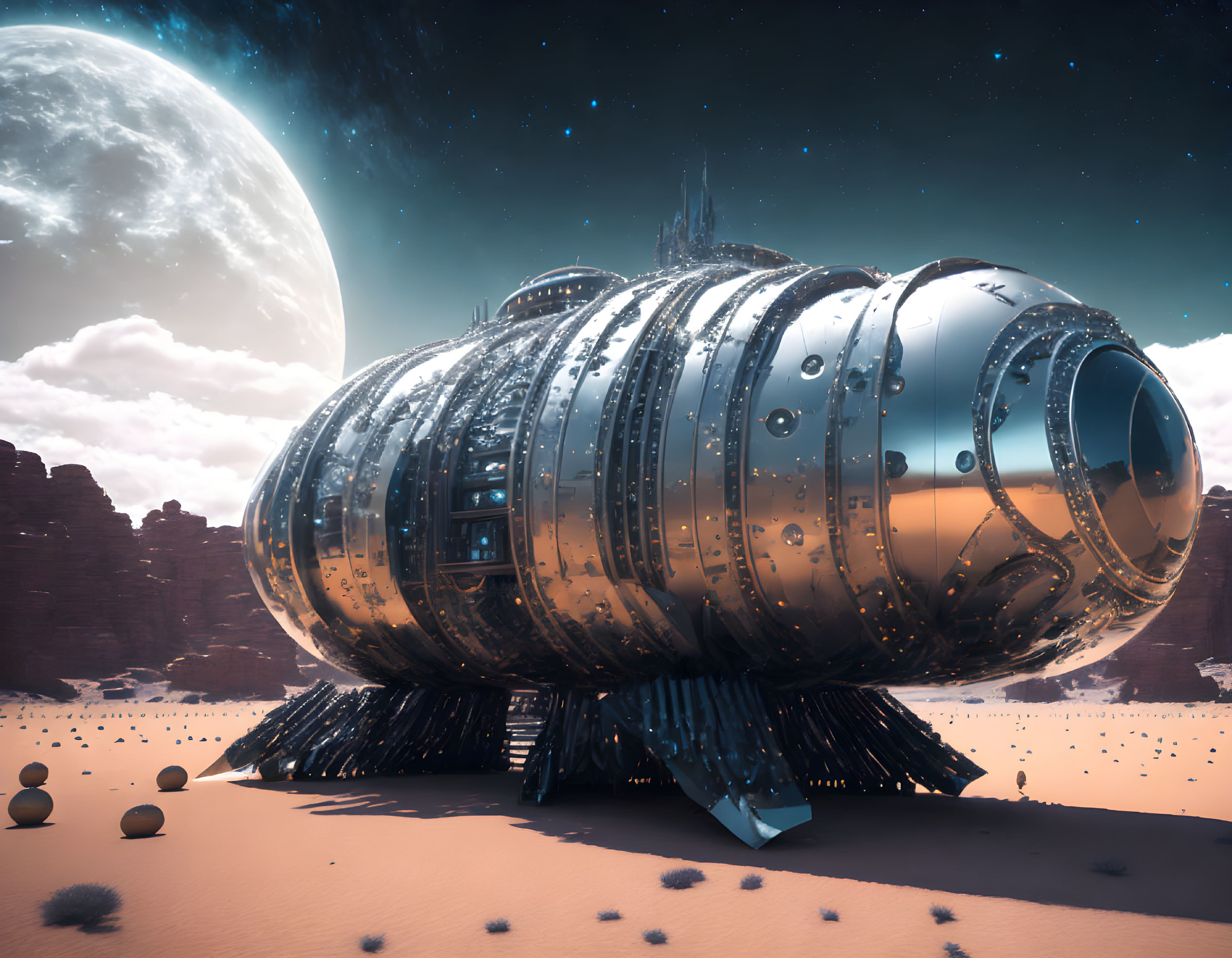 Futuristic spacecraft on desert alien planet with large moons and rocky terrain