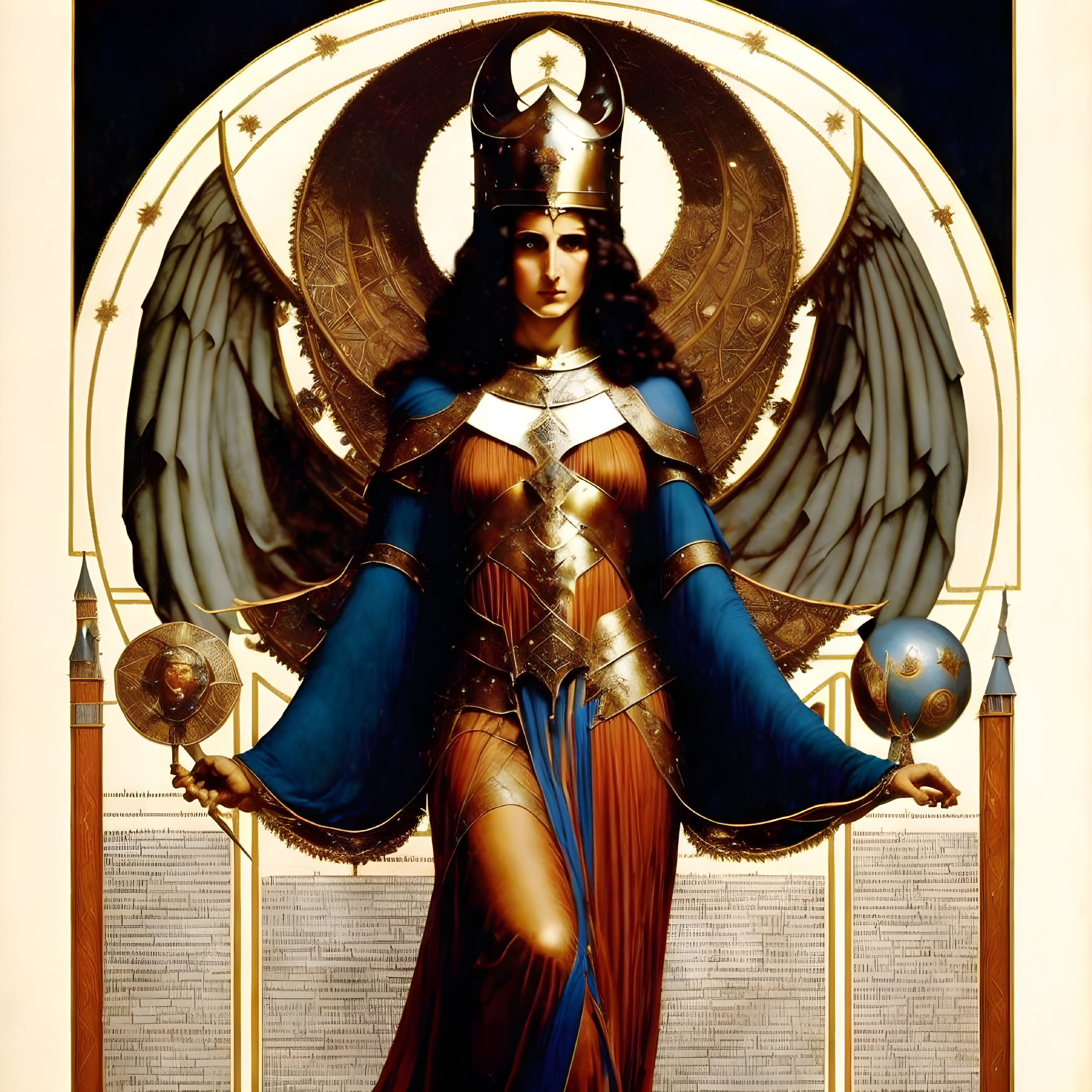 Female figure in blue and gold armor with wings, shield, and orb on golden halo background