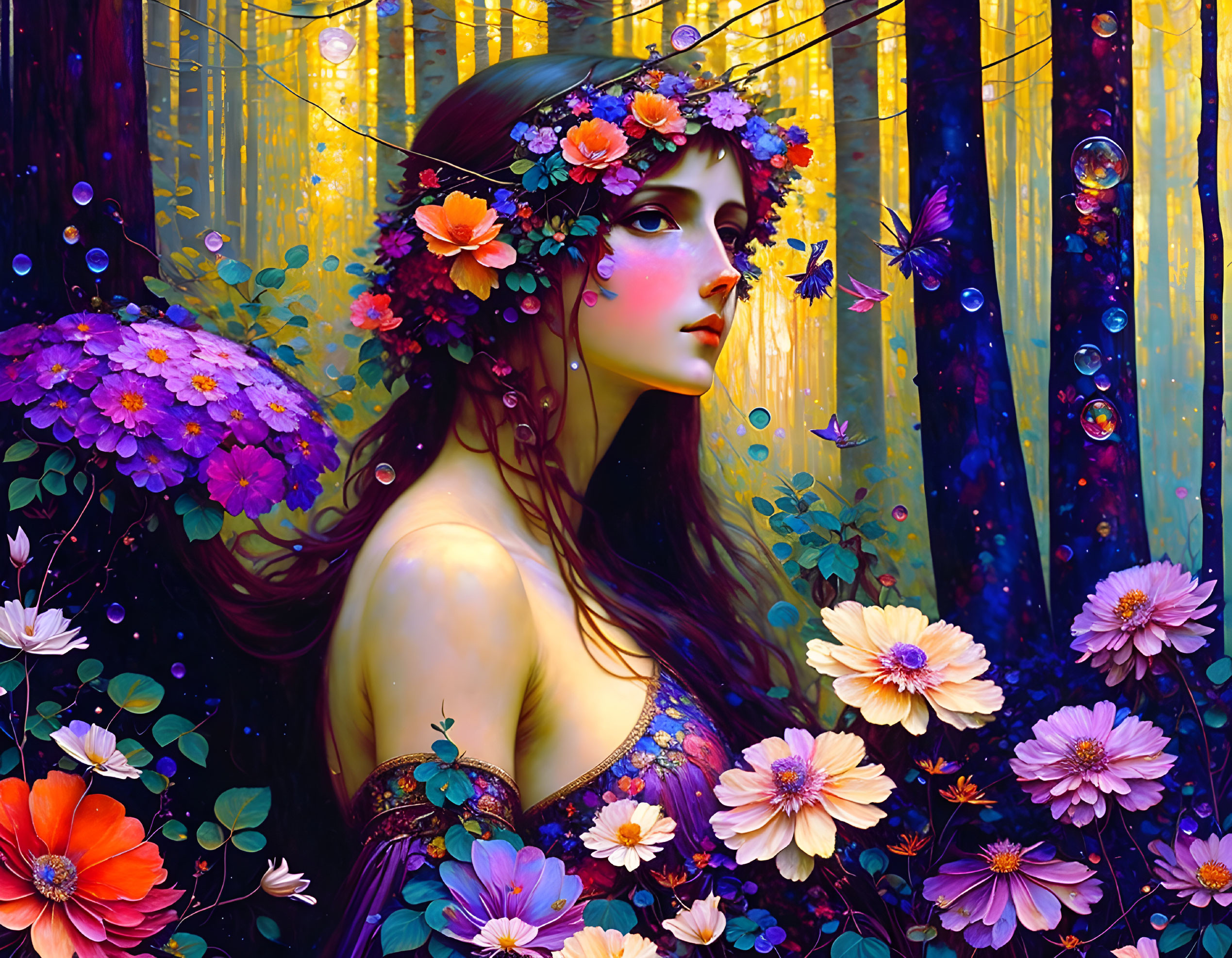 Whimsical woman in flower crown amidst vibrant forest and bubbles