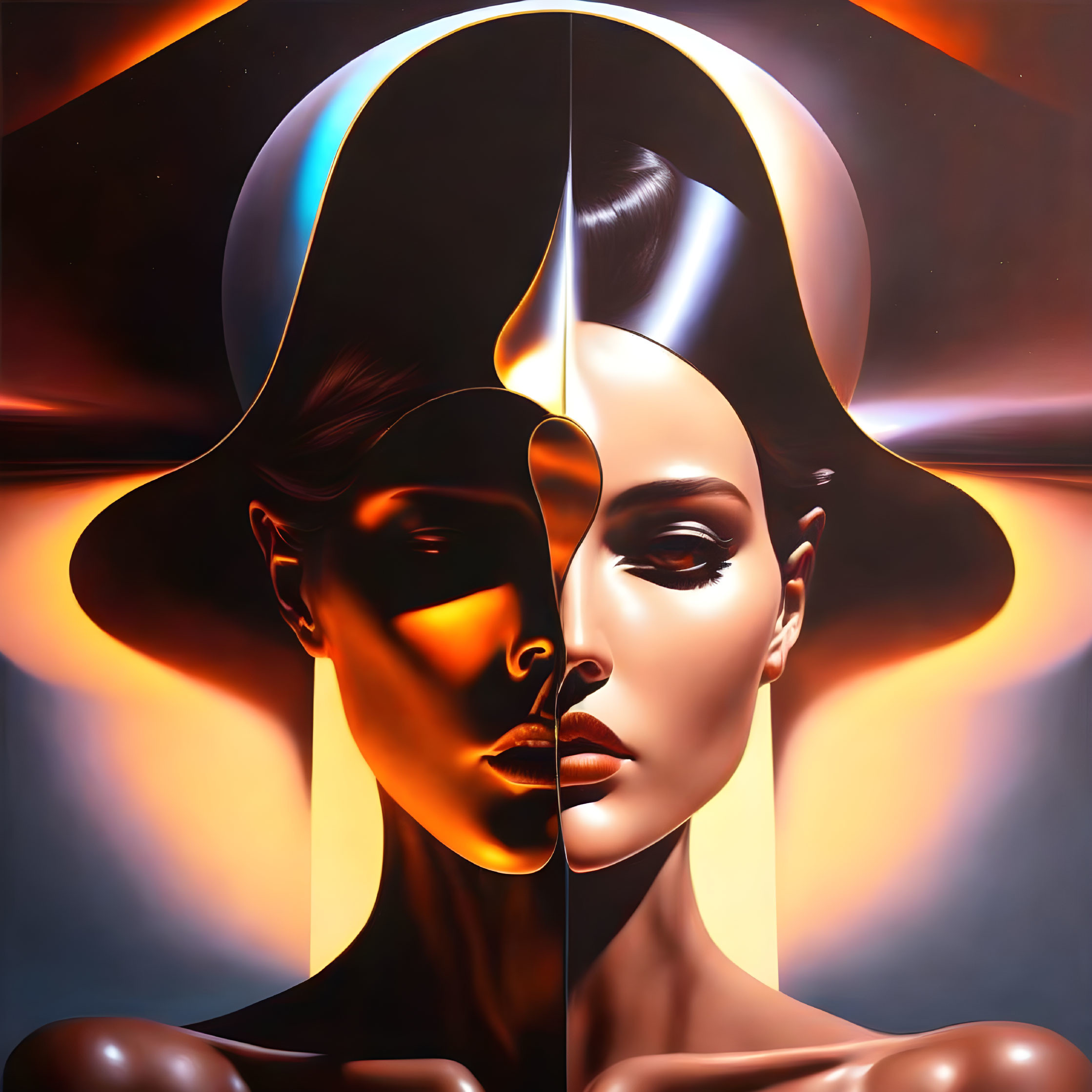 Split surreal portrait: realistic woman's face meets shadowed profile on fiery backdrop