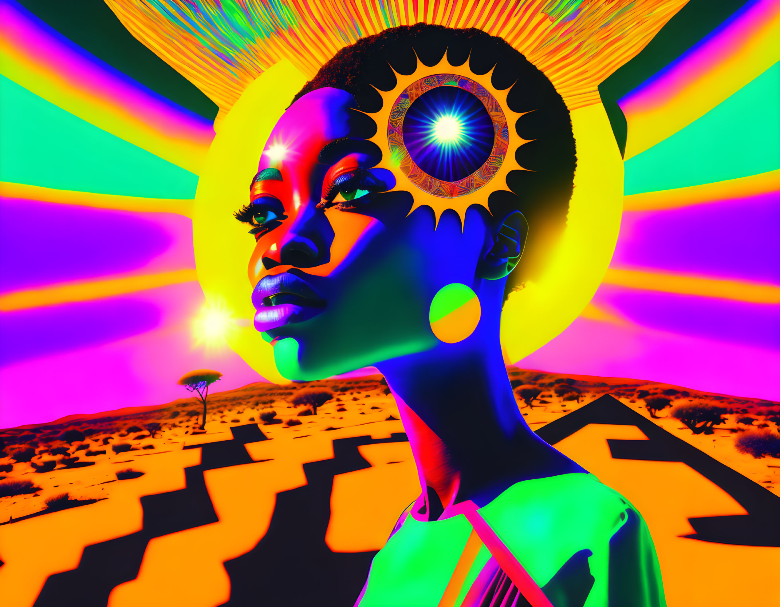 Colorful digital art of stylized woman with glowing skin in desert scenery