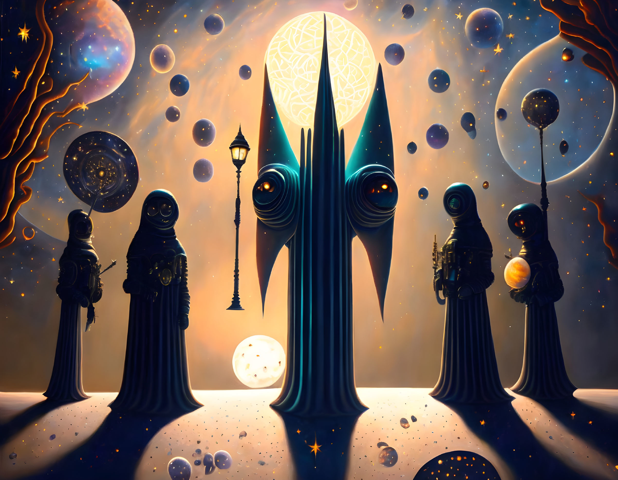 Fantastical cosmic scene with robed figures, surreal planets, glowing lantern, and intricate circular emblem