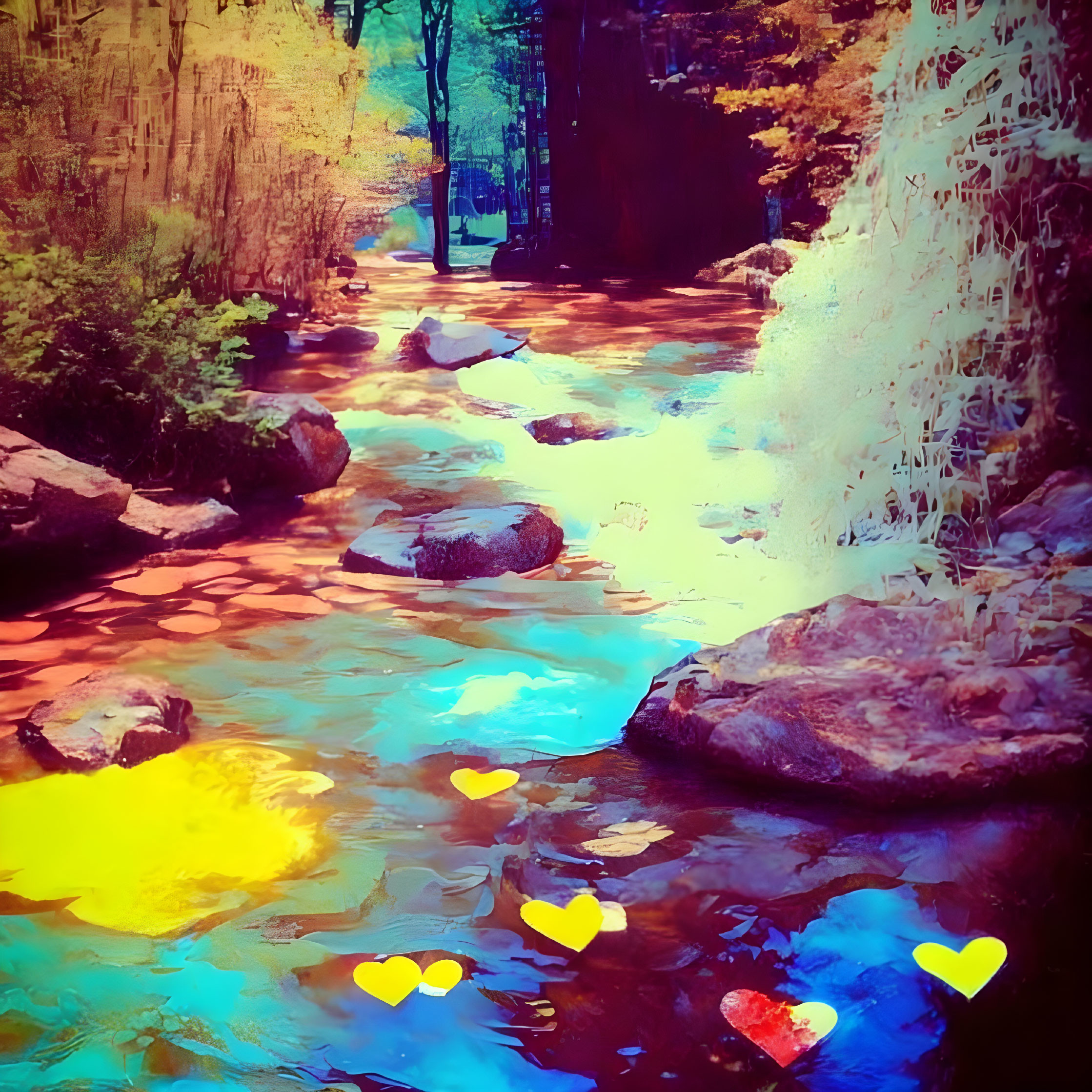 Colorful forest stream with floating heart emojis - Stylized image