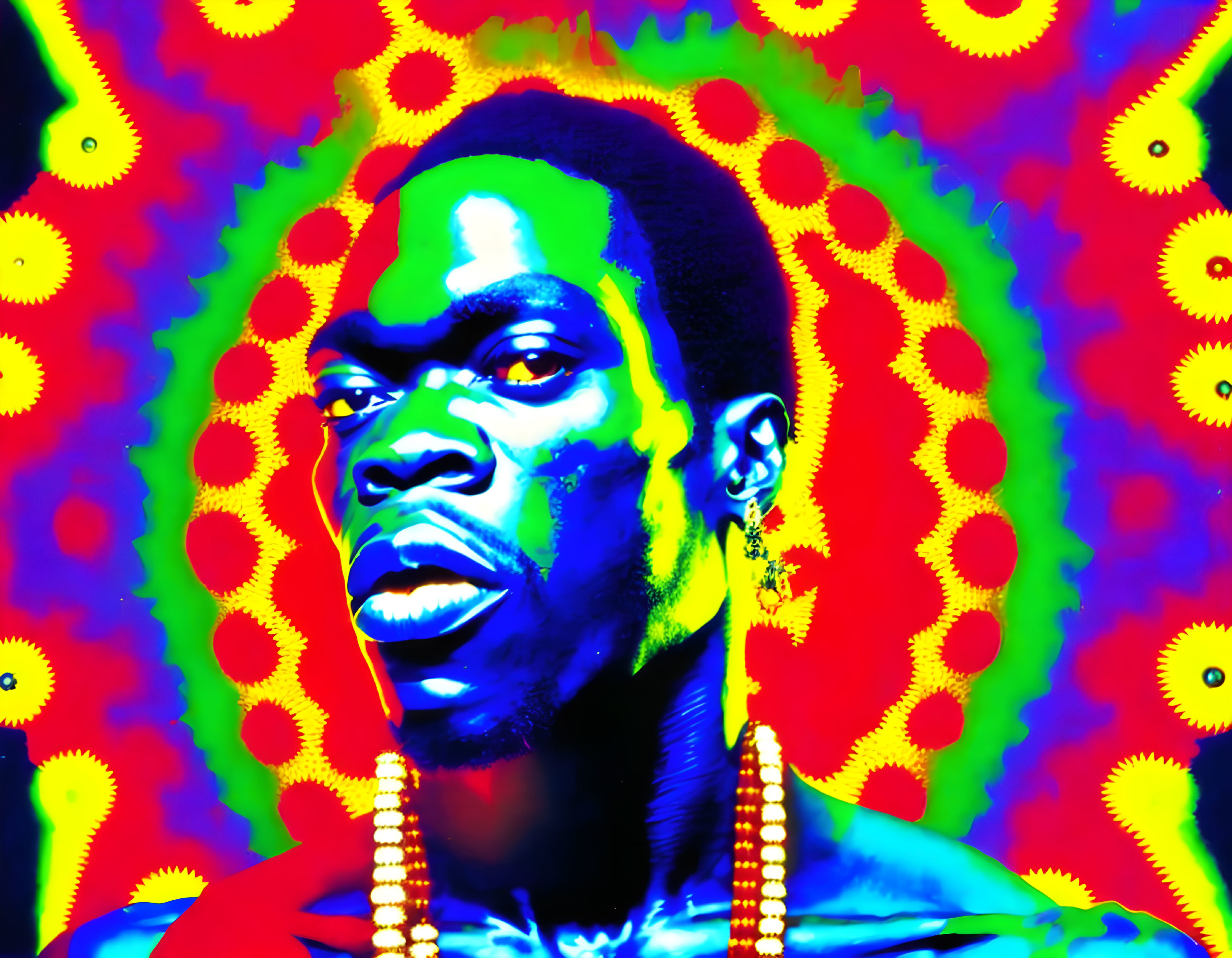 Colorful Pop Art-Style Image of Person with Blue Skin on Psychedelic Background