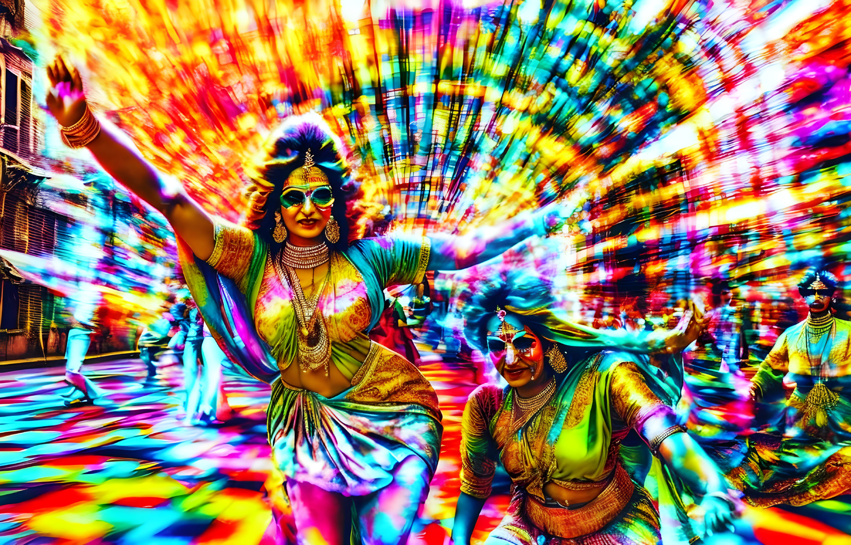 Colorful Traditional Indian Attire Dance with Psychedelic Background