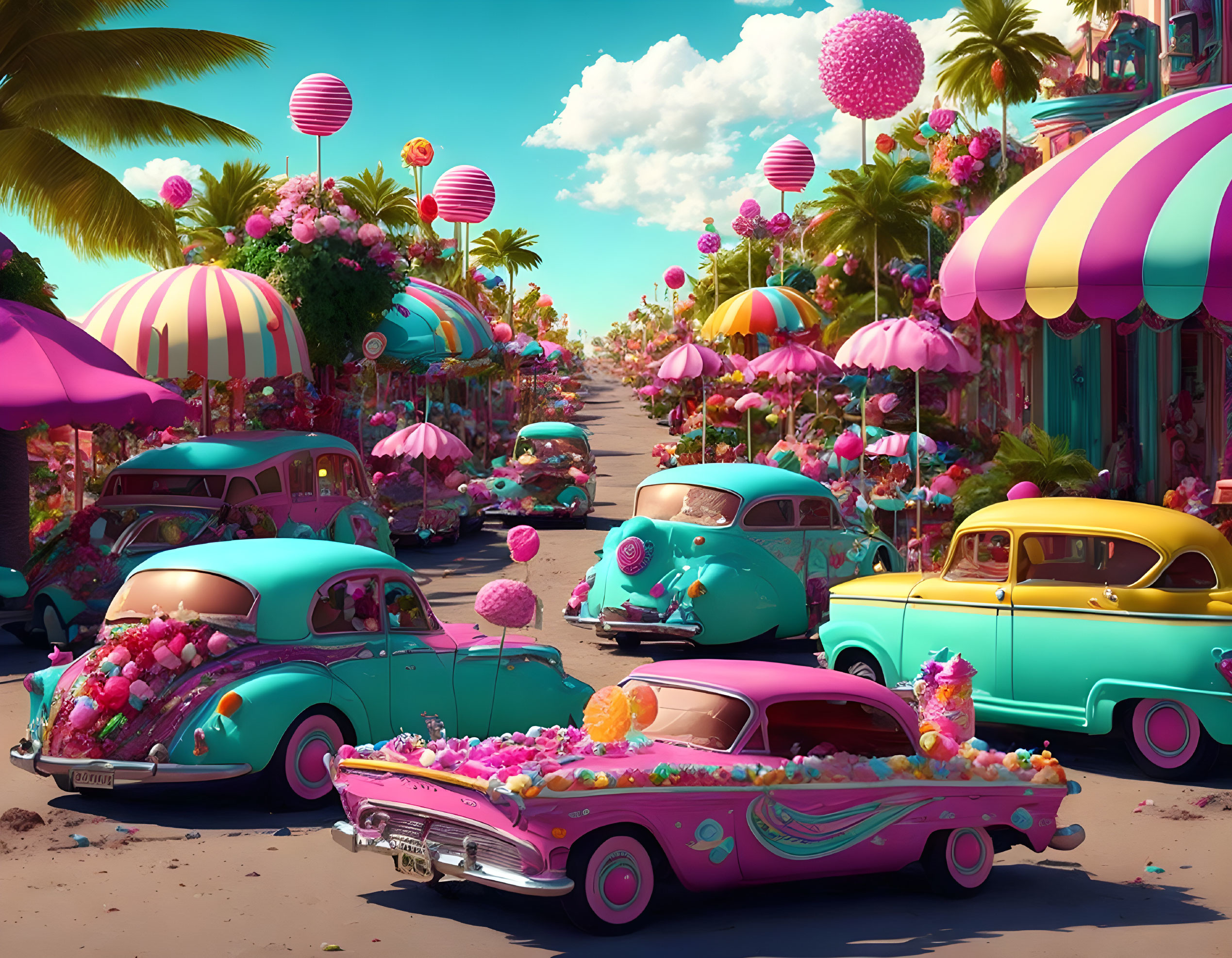 Vibrant retro street with palm trees, vintage cars, pink flowers, and festive lanterns