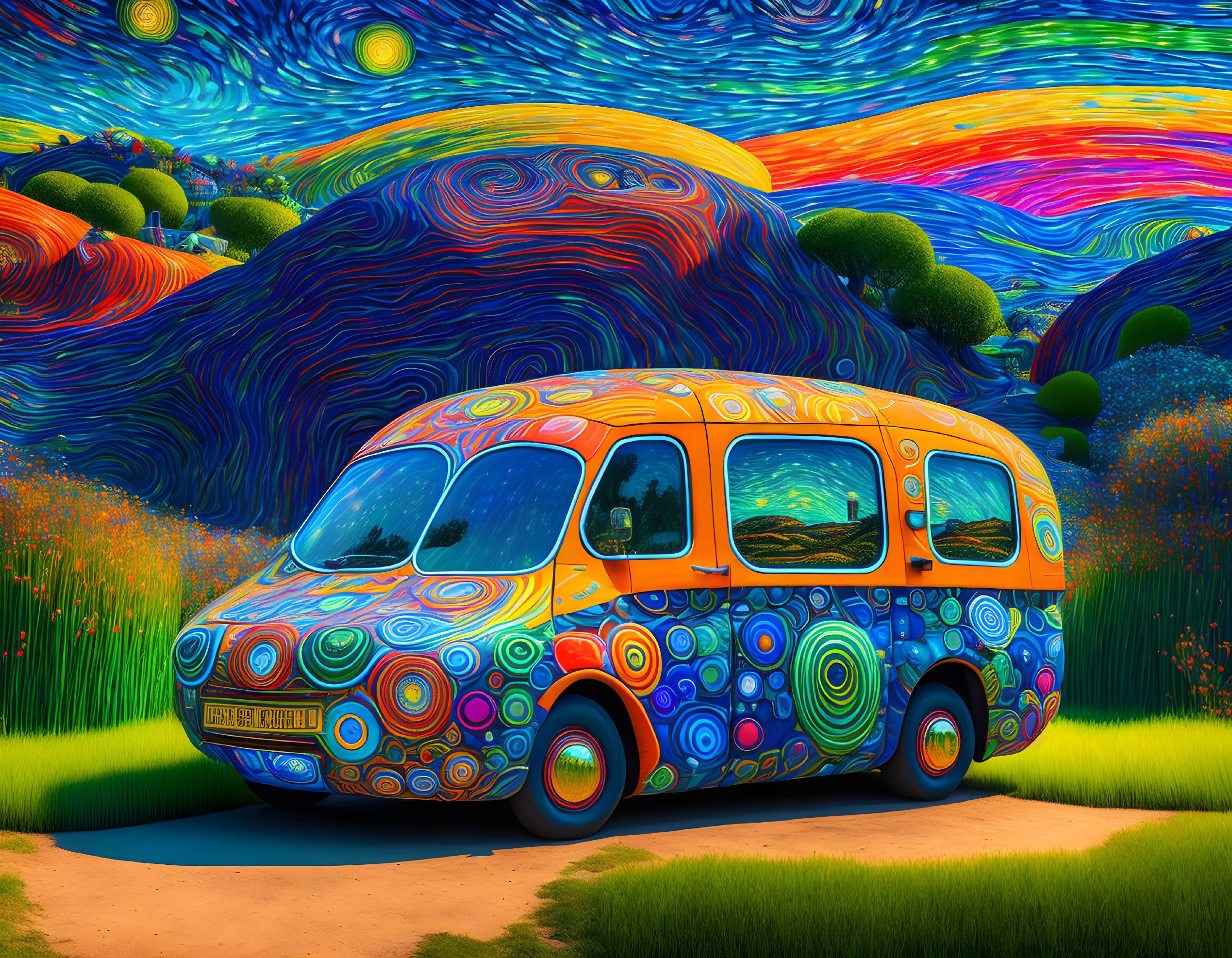 Colorful Psychedelic-Patterned Van in Vibrant Van Gogh-Inspired Landscape