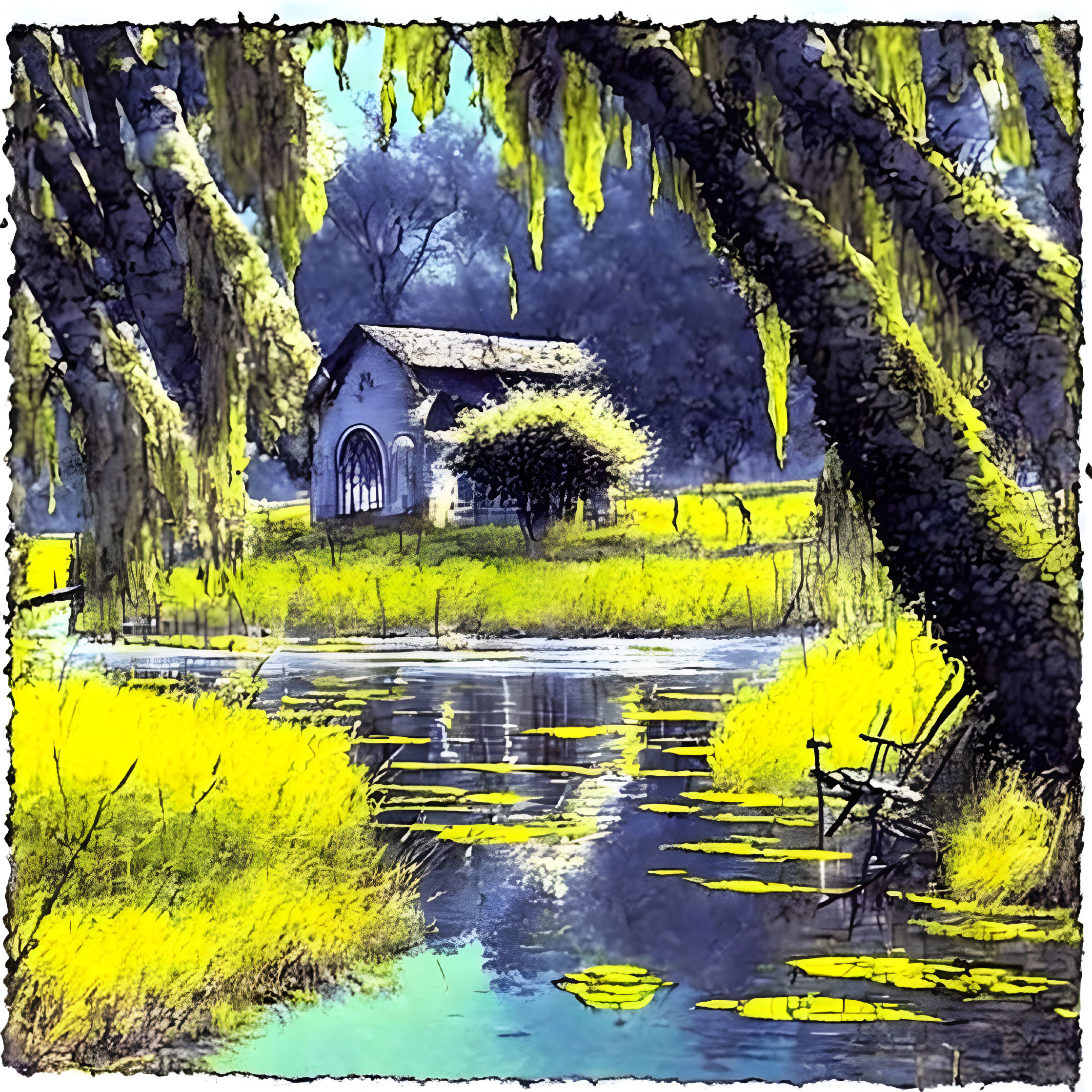 Tranquil landscape with moss-covered trees and chapel by serene water