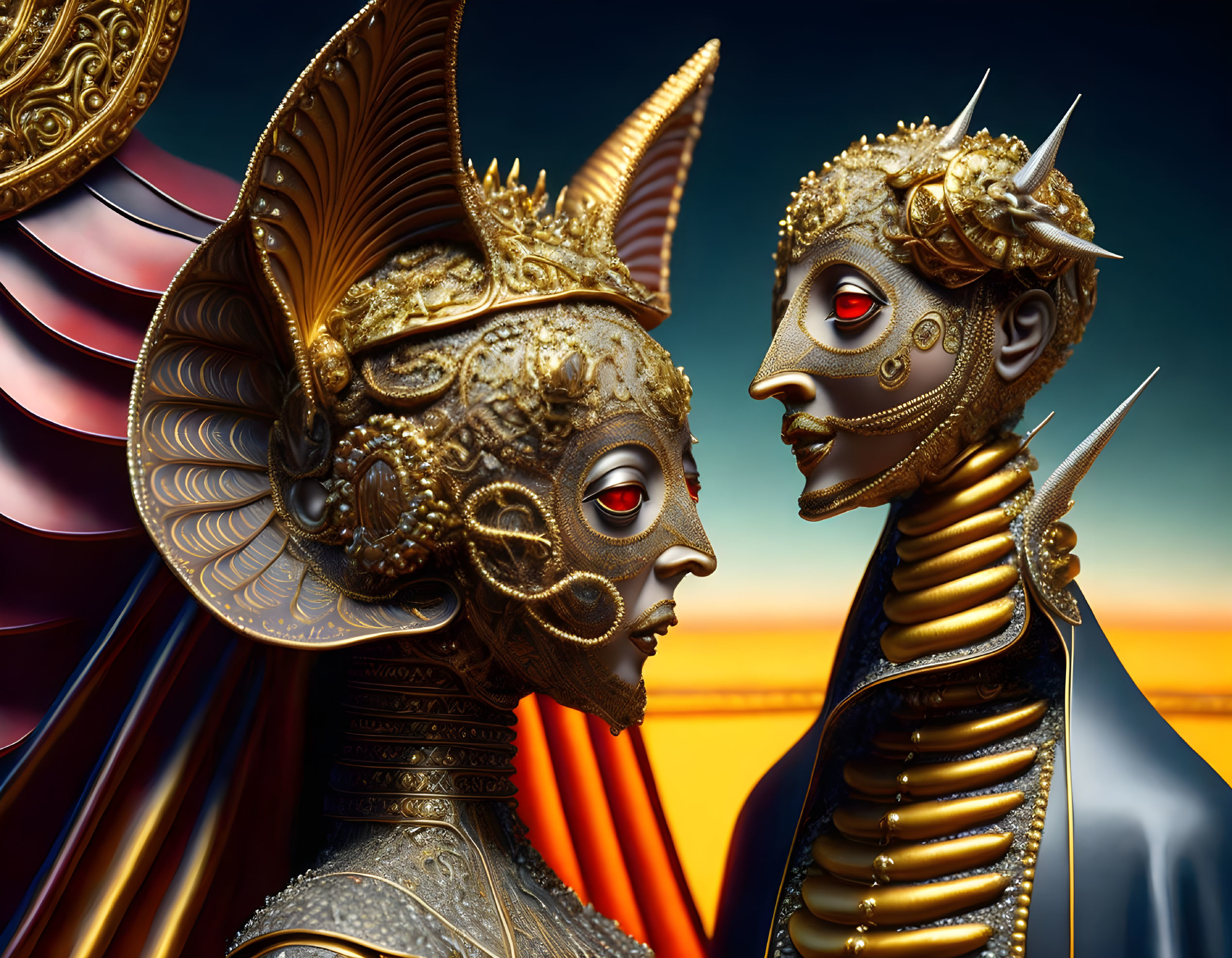 Golden robotic figures with intricate headgear in close proximity on warm-toned background