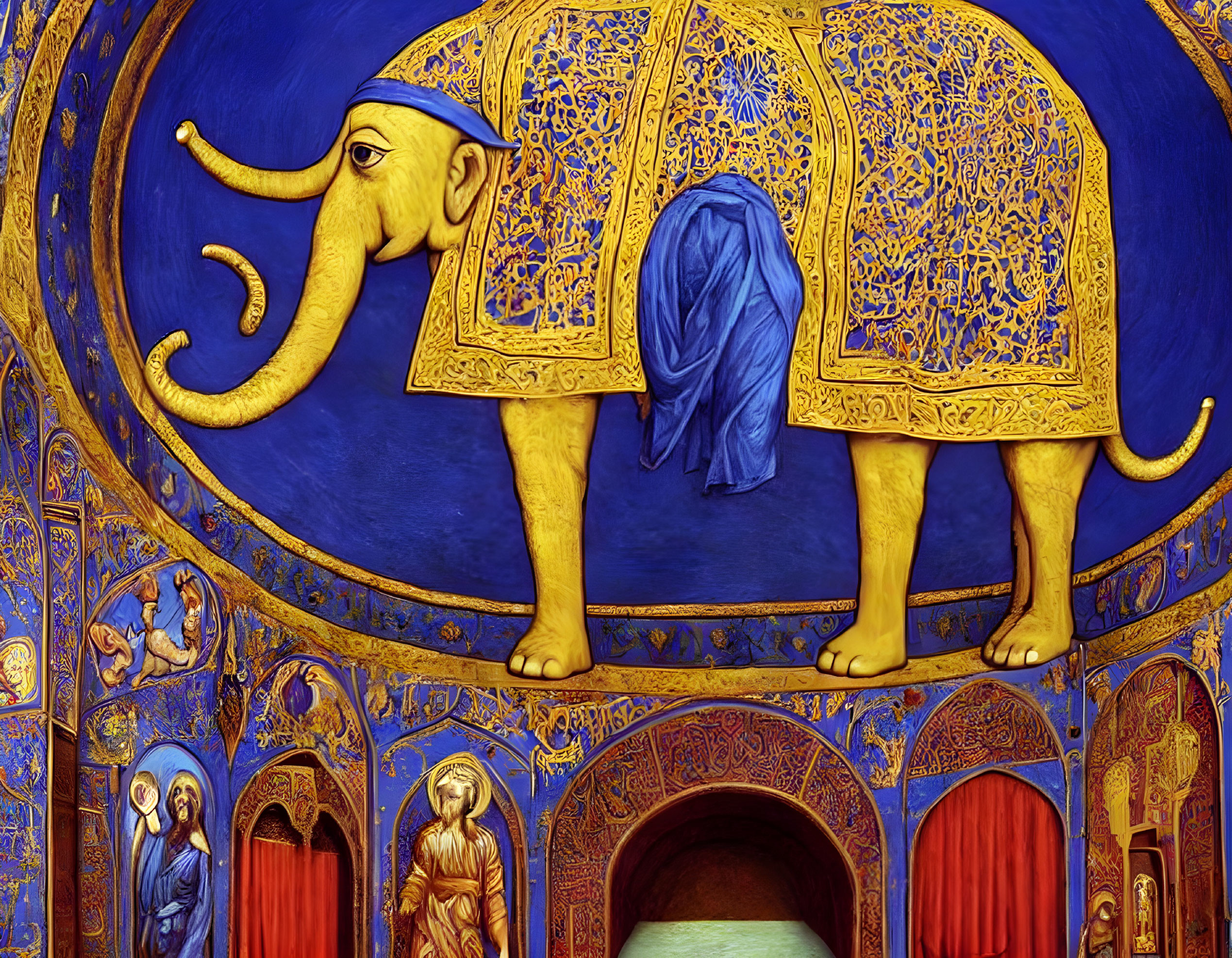 Colorful Golden Elephant Illustration on Deep Blue Background