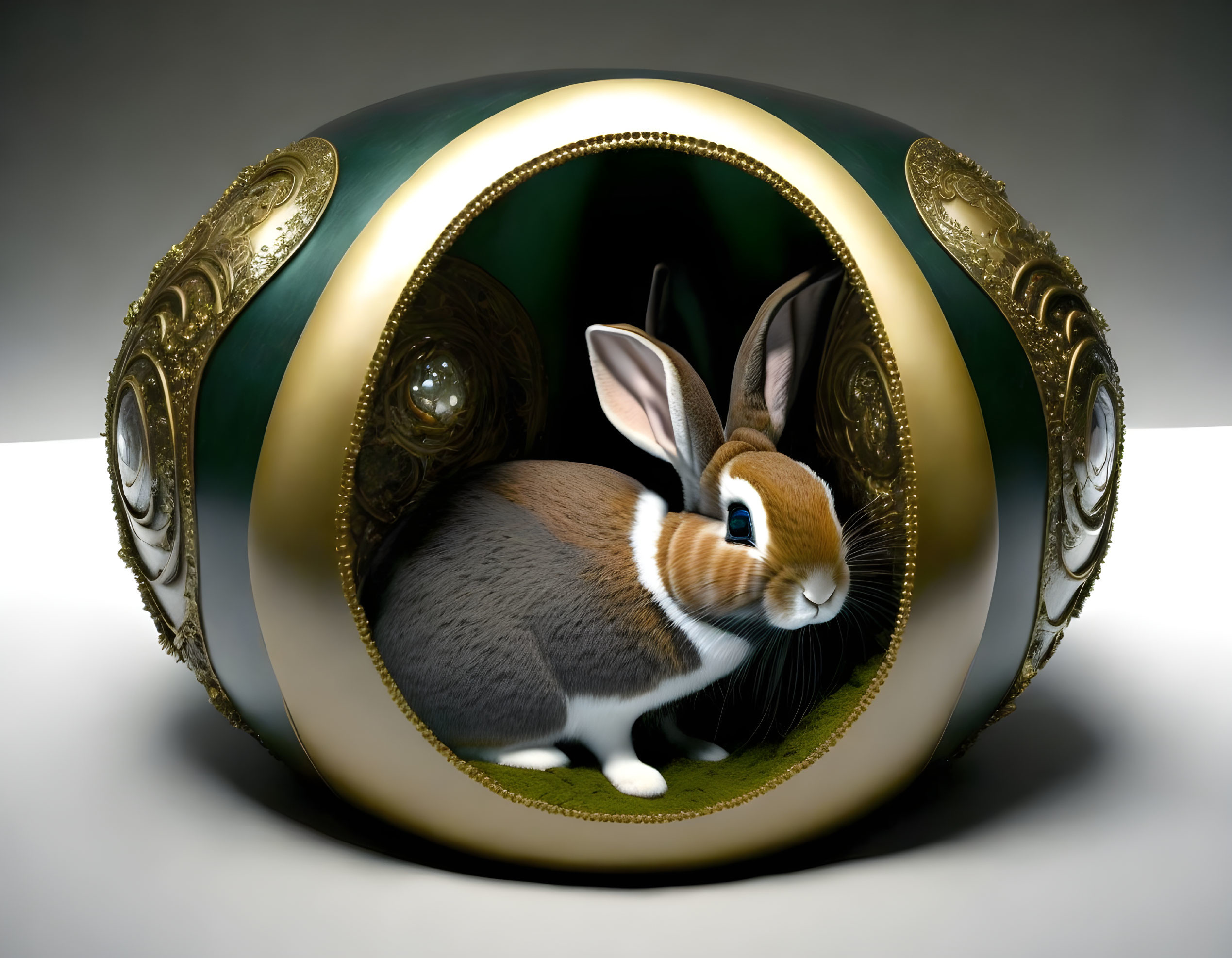 Intricate Fabergé Egg-Style Sphere with Rabbit in Green and Gold