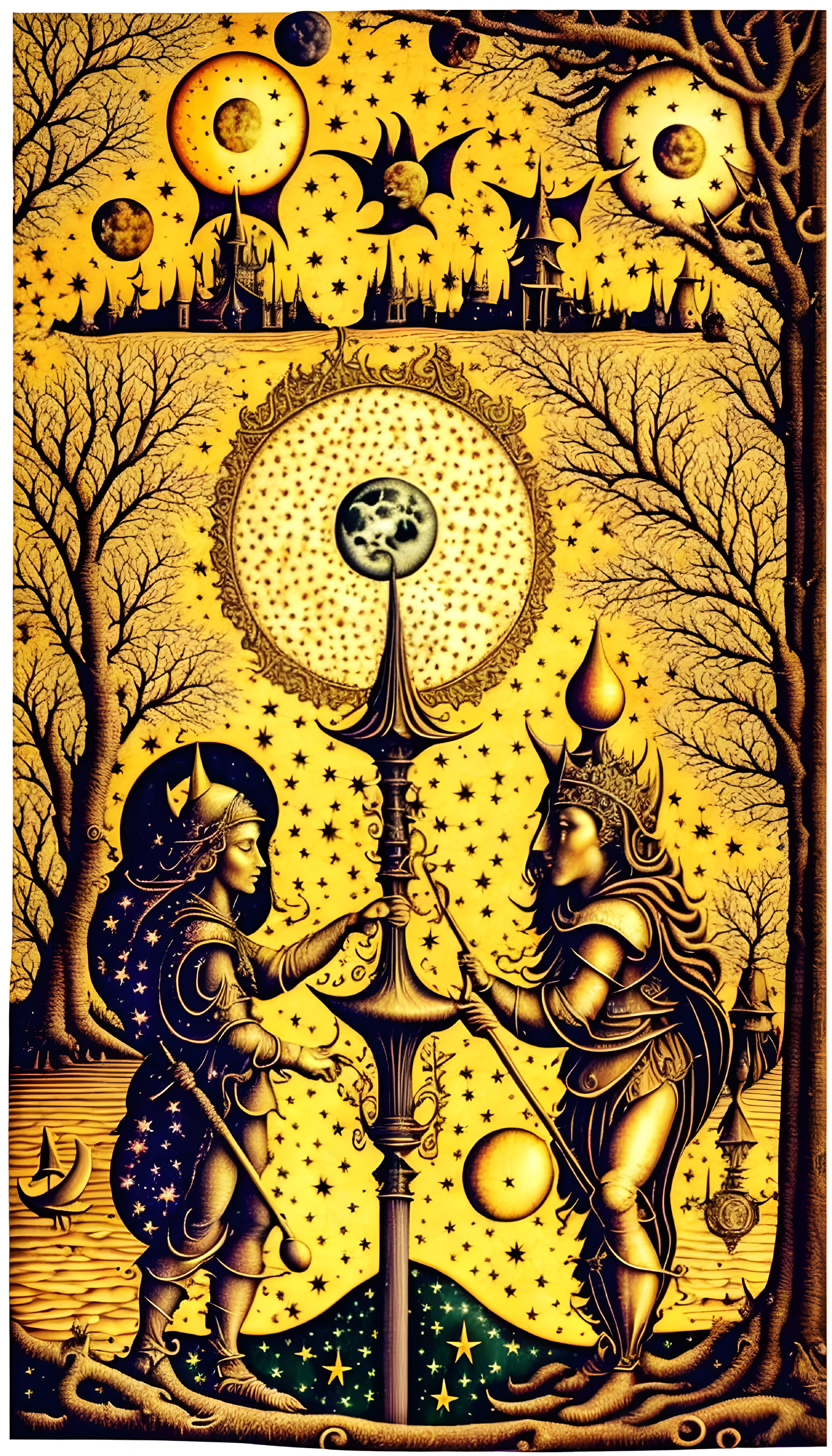 Celestial-themed artwork with stylized figures and golden palette