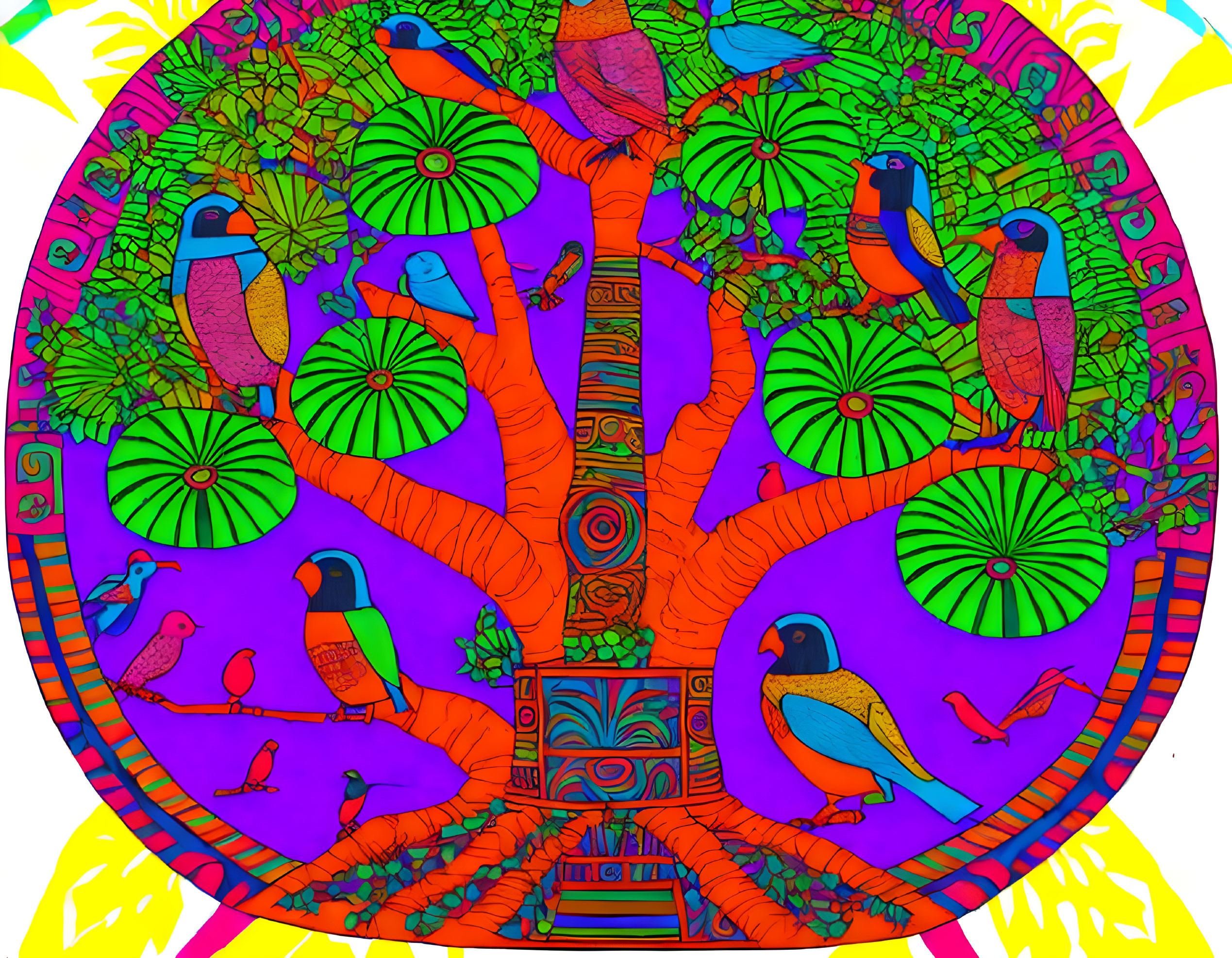 Colorful psychedelic tree illustration with birds and patterns on kaleidoscopic background