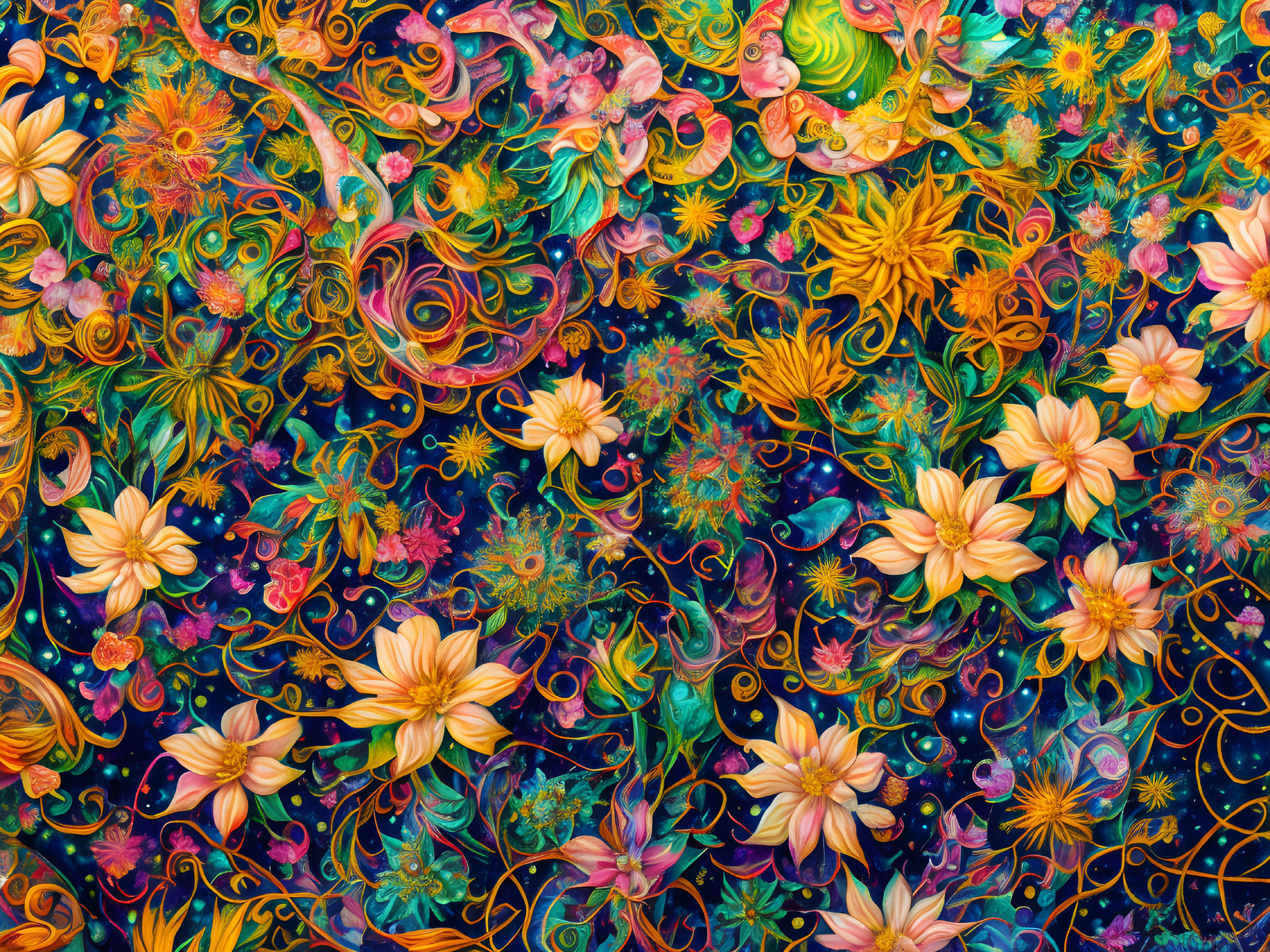 Colorful Fractal Design with Flowers and Abstract Patterns