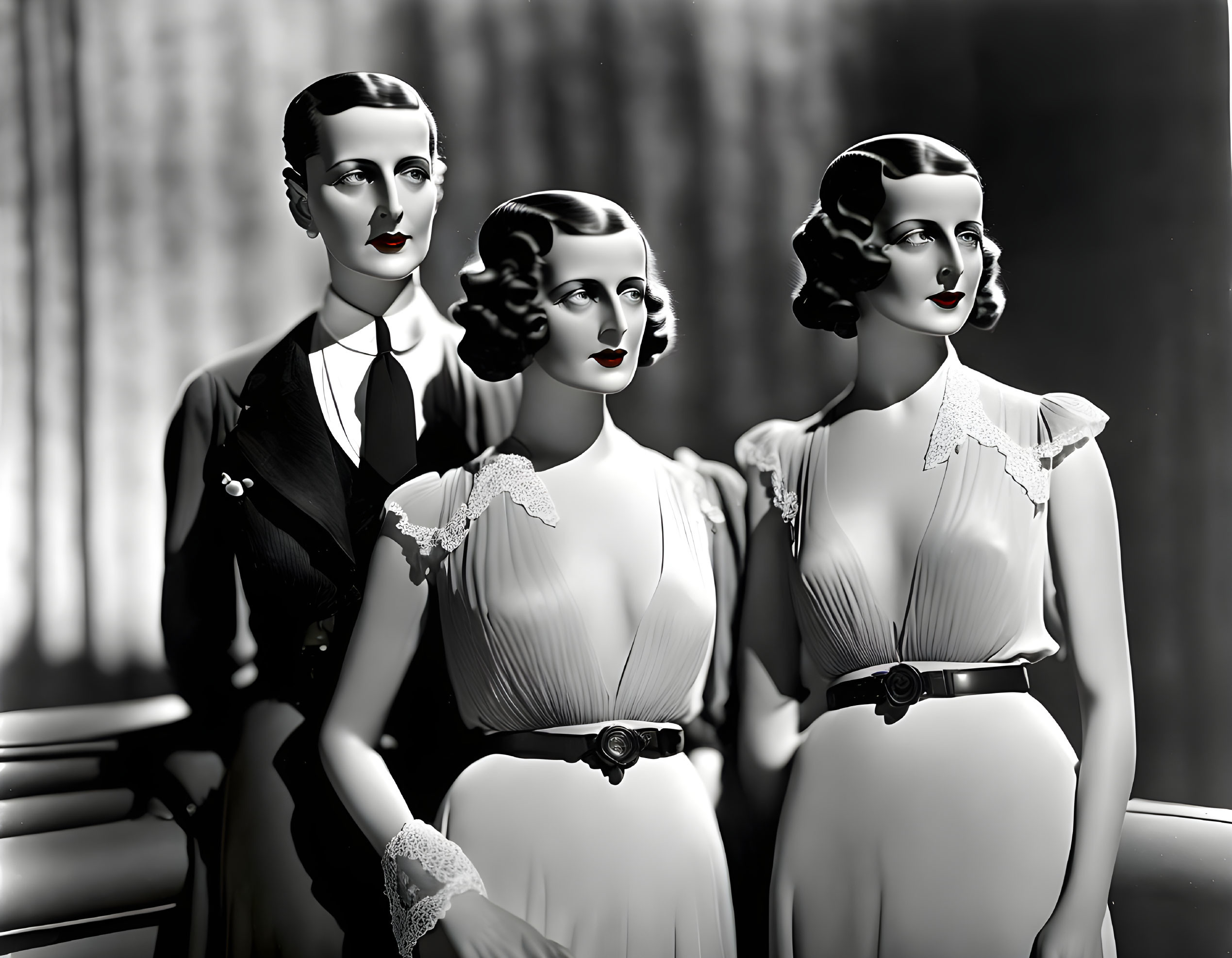 Vintage Clothing: Three Women in Elegant Dresses and Hairstyles Stand Together