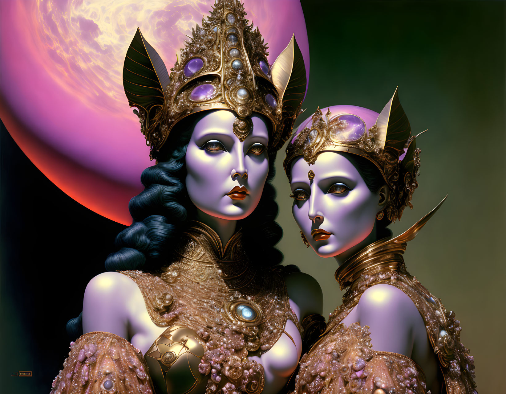 Stylized female figures in elaborate headdresses and golden armor on pink planet landscape