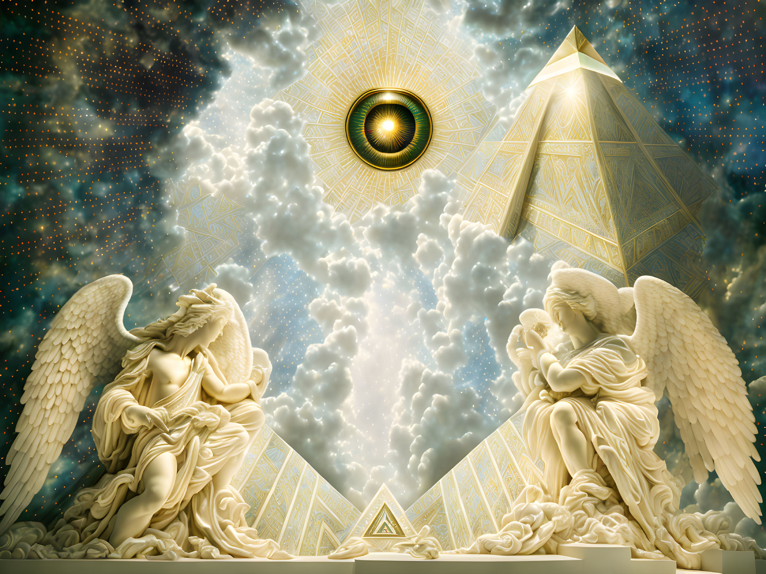 Fantastical scene: angel statues, pyramid, cosmic sky, all-seeing eye symbol.