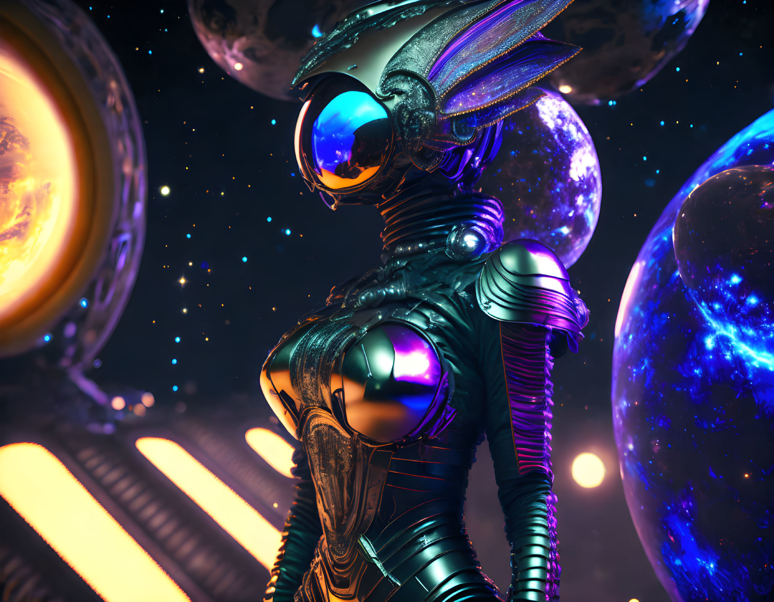 Futuristic armored alien in cosmic setting with intricate detailing