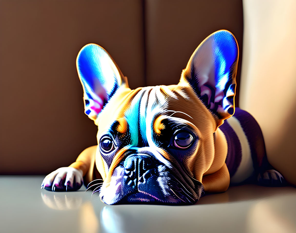 Stylized French Bulldog in vibrant blue and orange hues lying indoors