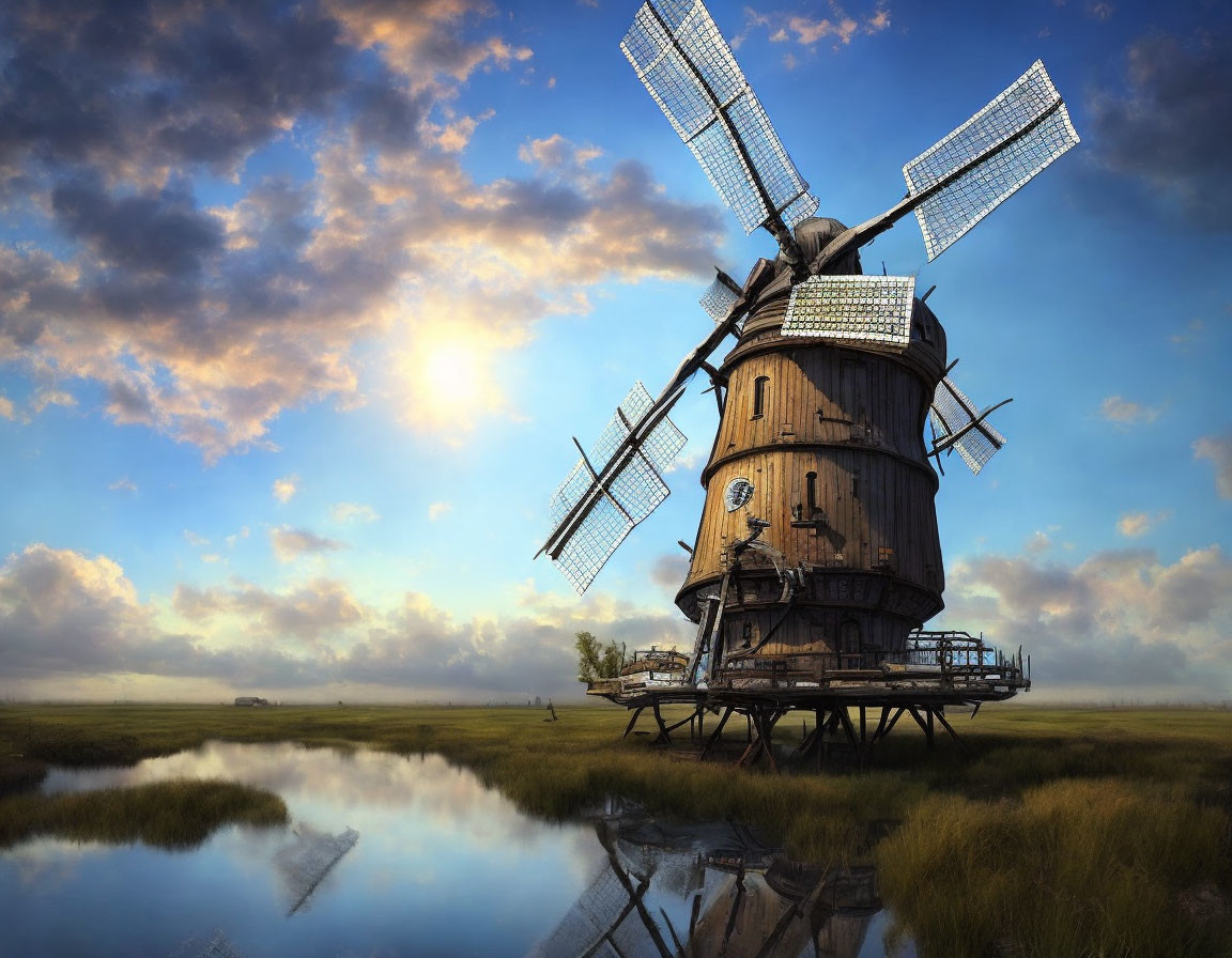 Scenic windmill by waterway in grassy landscape at sunrise or sunset