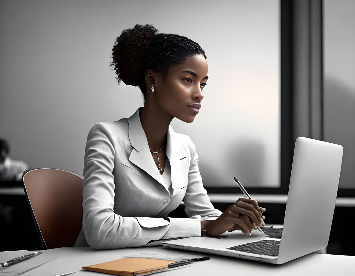 Professional woman in white blazer working on laptop in office setup