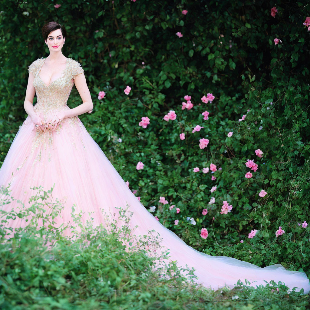 Elegant woman in pink gown with long train against lush green backdrop