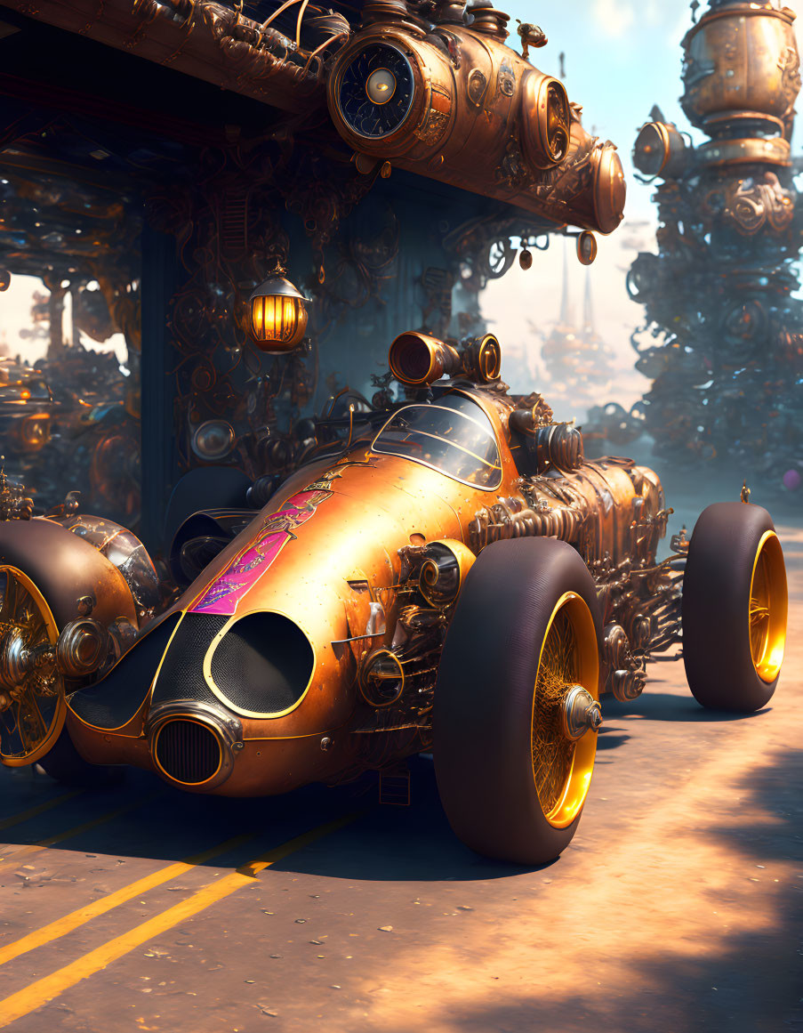 Sleek Futuristic Car in Steampunk Setting with Bronze Detailing