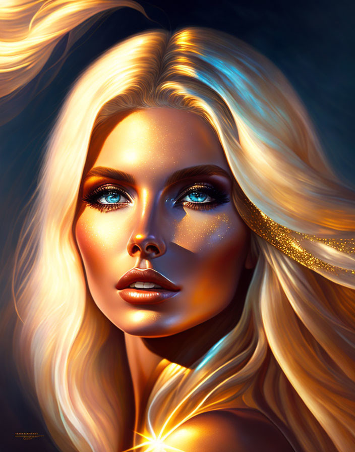 Blonde woman digital portrait with blue eyes