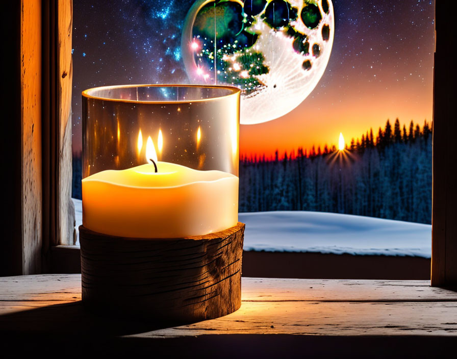 Lit candle on windowsill with snowy landscape and fantasy planet at sunset