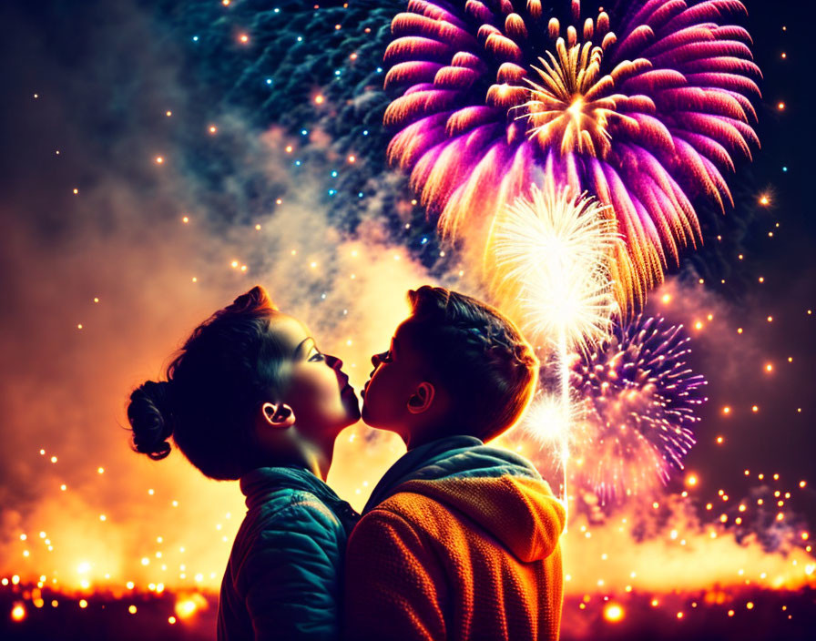 Romantic couple under vibrant fireworks display