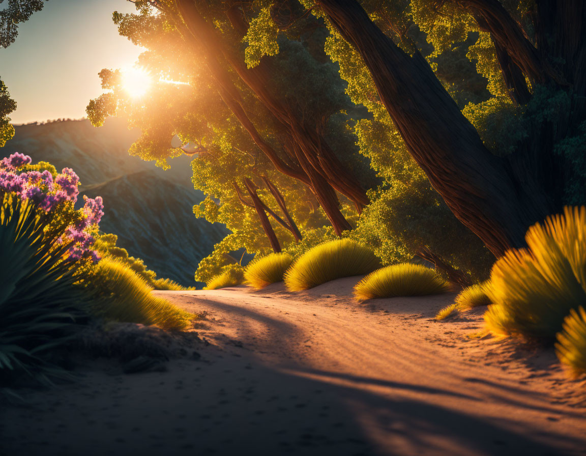 Tranquil forest path with sunlight, purple flowers, and greenery