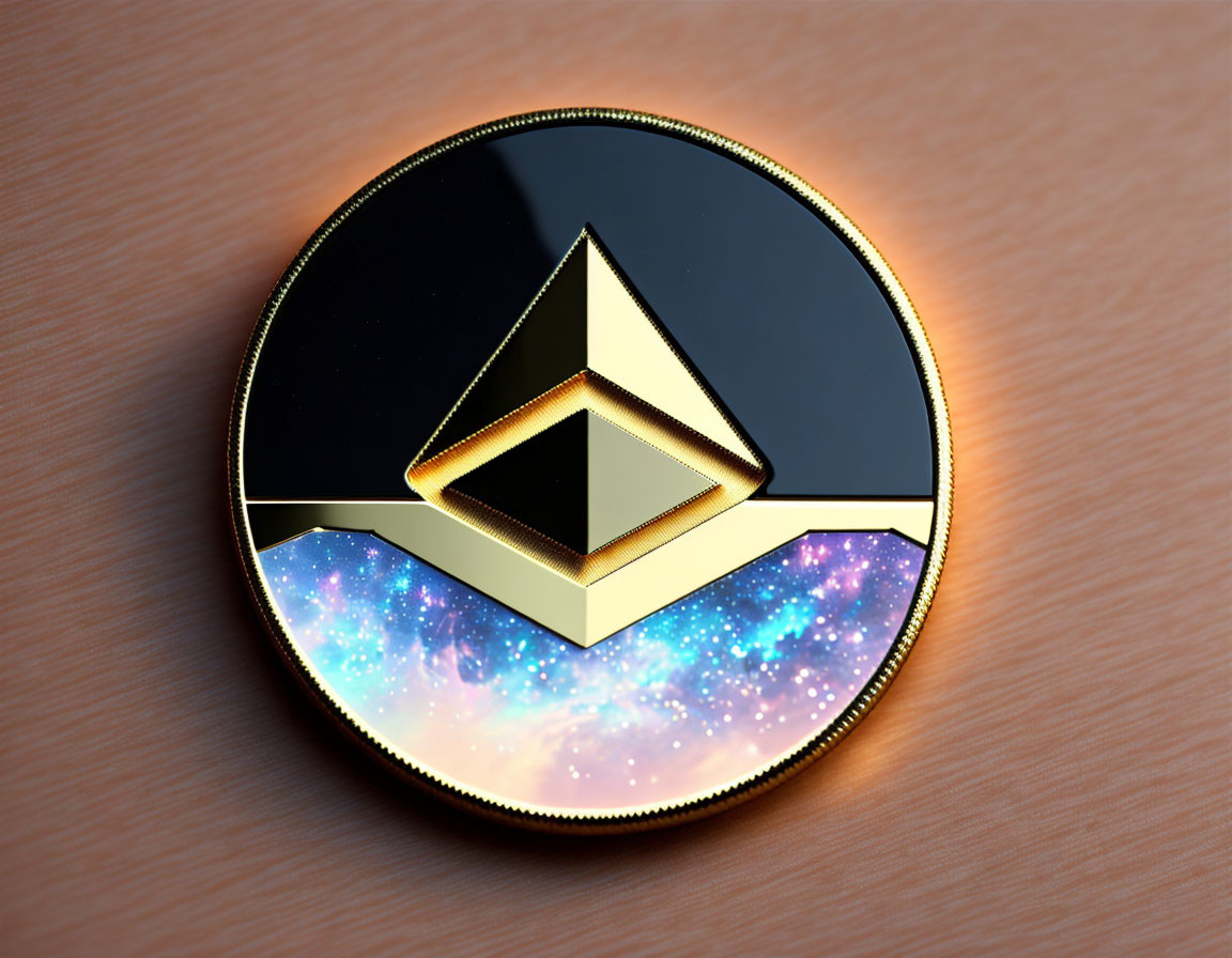 Shiny Ethereum cryptocurrency coin with logo and galaxy pattern