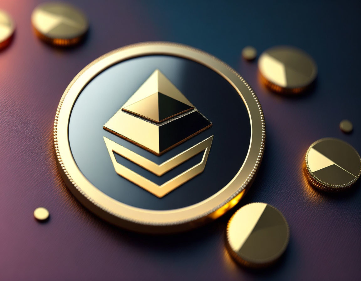 Metallic Ethereum coin on purple surface with logo, surrounded by smaller coins