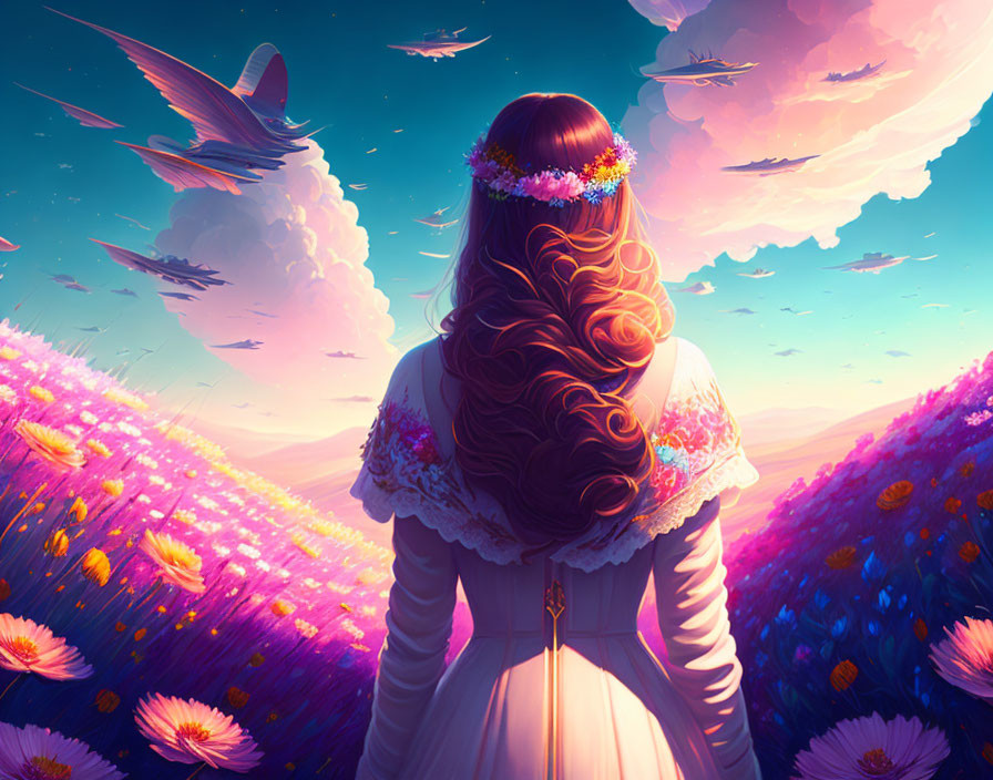Woman in floral headband admires sunset over lavender fields with birds in pink sky