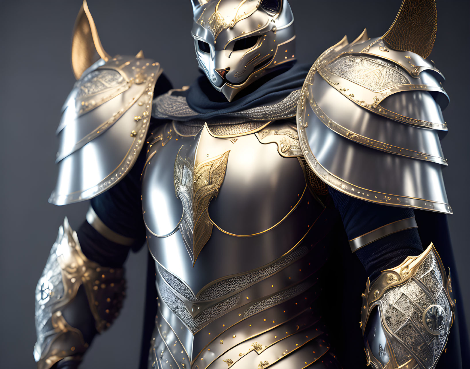 Elaborate fantasy armor with feline motif and gold accents