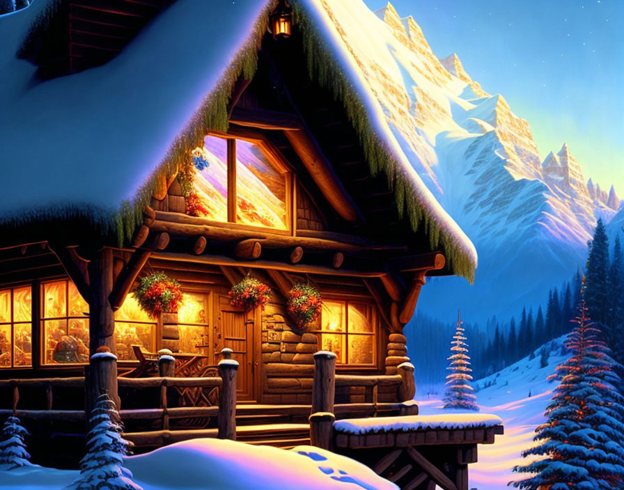 Snowy log cabin with Christmas decorations in mountain setting at dusk
