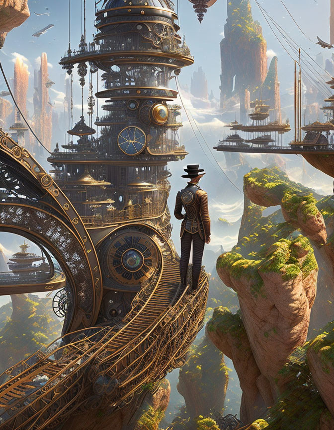 Steampunk-style tower with person in top hat on bridge amid lush greenery and airships
