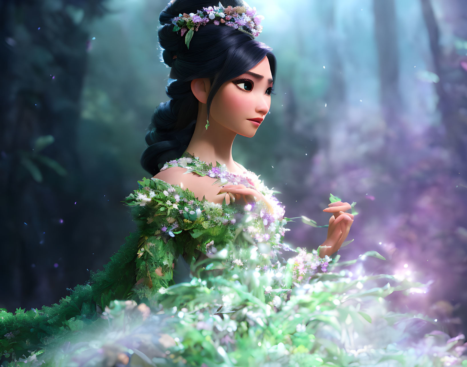 Dark-Haired Animated Character in Green Floral Dress in Mystical Forest