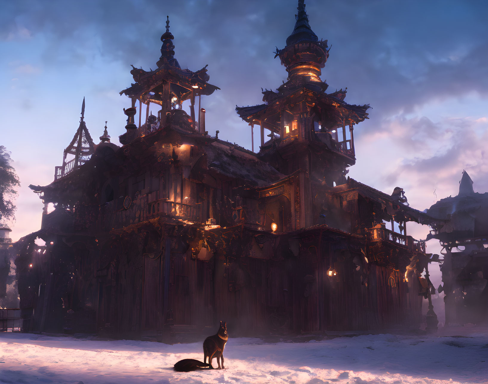 Ornate multi-tiered wooden structure in mystical twilight snowscape