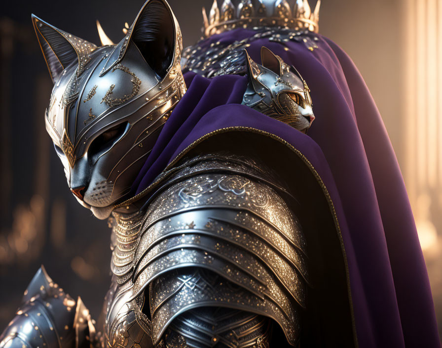 Armored figure with cat's head helmet in majestic pose and purple cloak