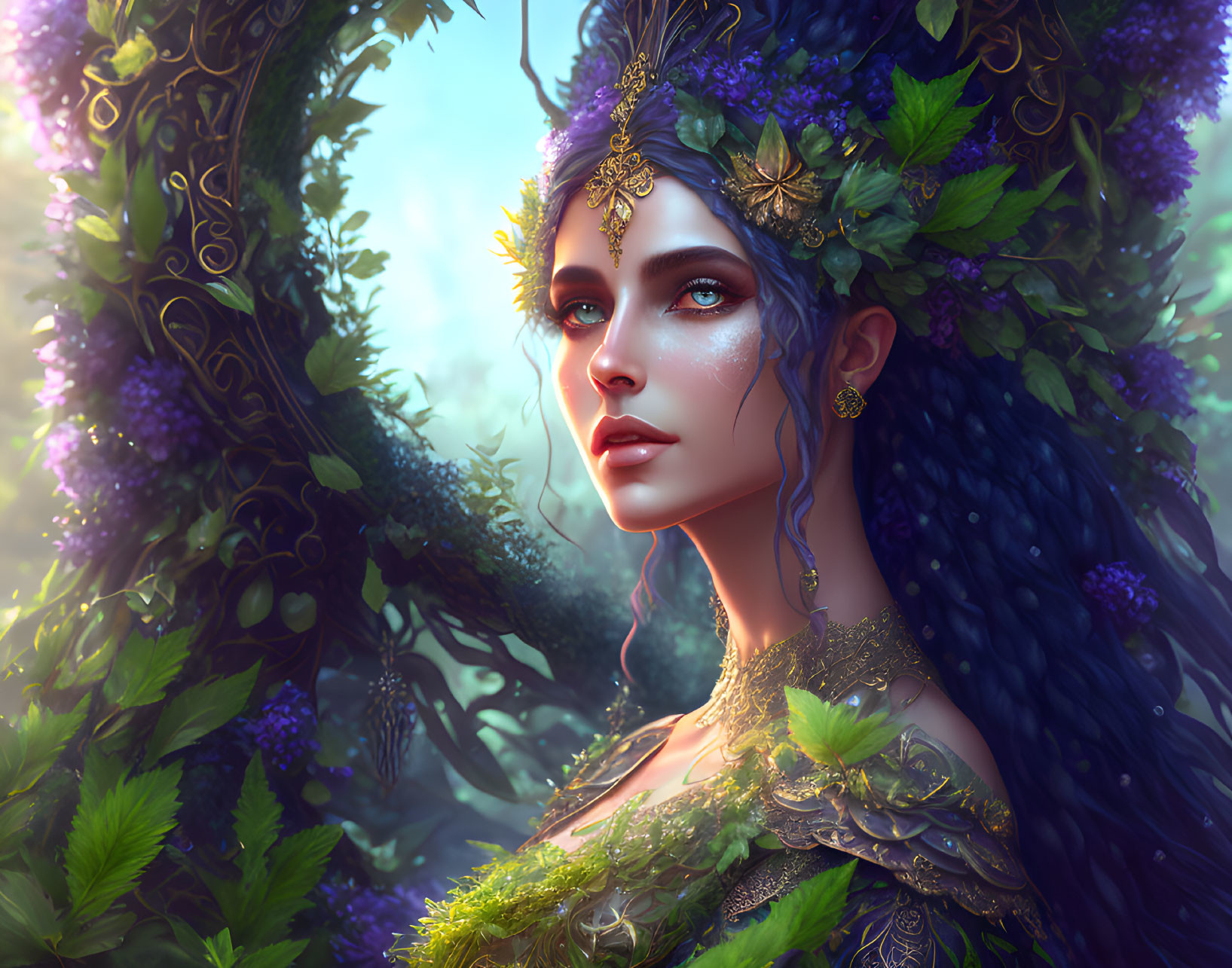 Fantastical portrait of woman with blue hair and floral crown in lush forest.