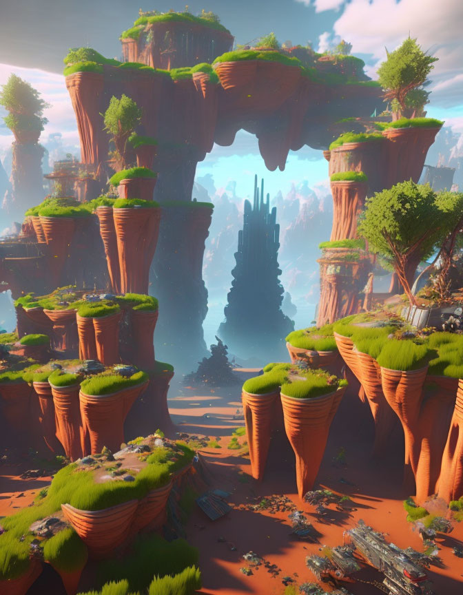 Fantastical landscape with towering rocks, lush greenery, deep chasm, lost civilization.
